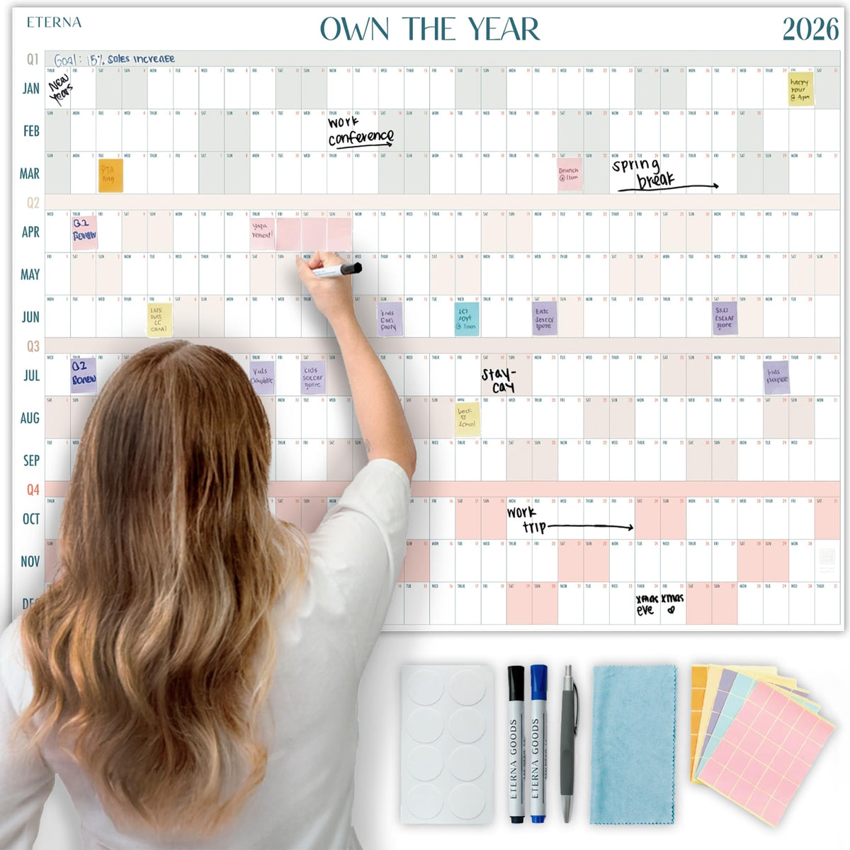 Own the Year 2026 GIANT Wall Calendar | 4ft x 3ft Full Year Dry Erase Large Planner, January '26 to December '26 Big Whiteboard Wall Calendar with Markers, Sticky Notes & Mounting Kit, Jumbo Quarterly Layout for Home or Office