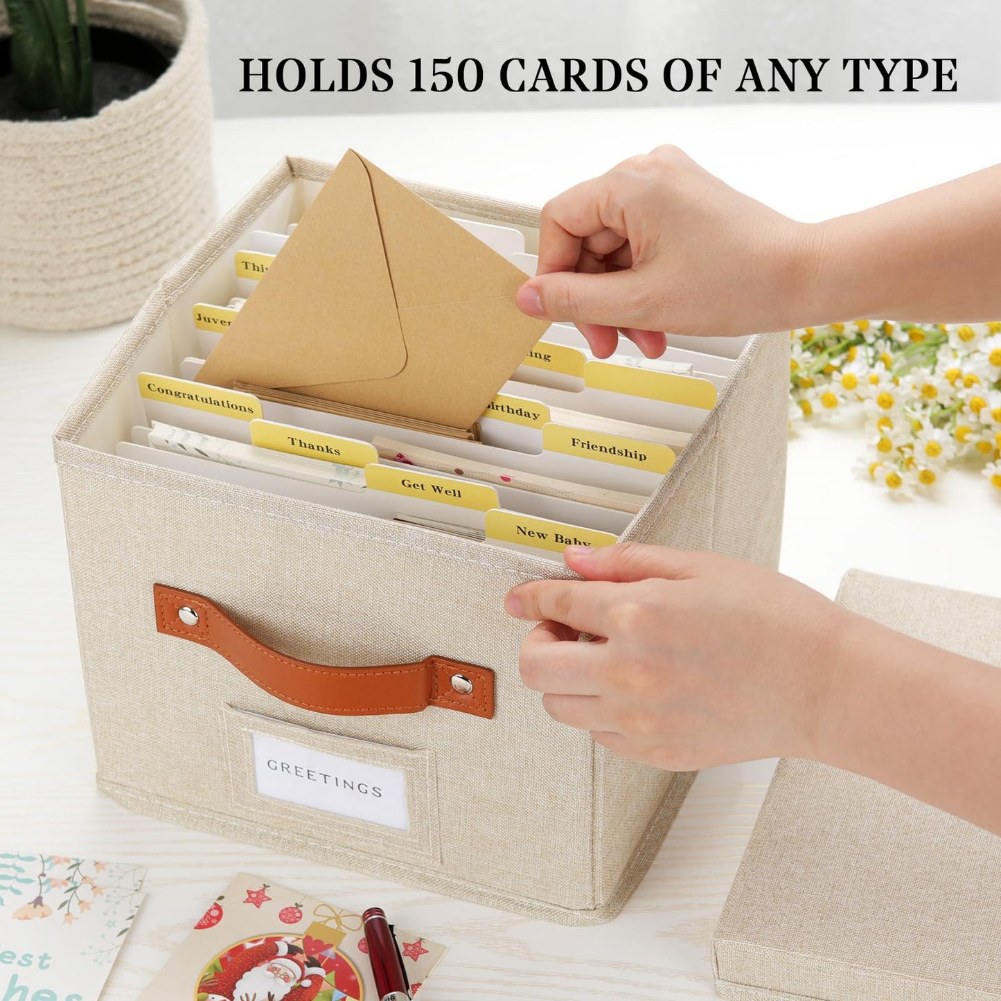 TARSUKA Greeting Card Organizer with dividers - Storage Box with lid Holds 150+ Cards - Assortment Box for Greeting Cards,Recipes, Photos, Envelopes, Keepsake - 9 x 9 x 7 Inches (Beige, 1 pcs)