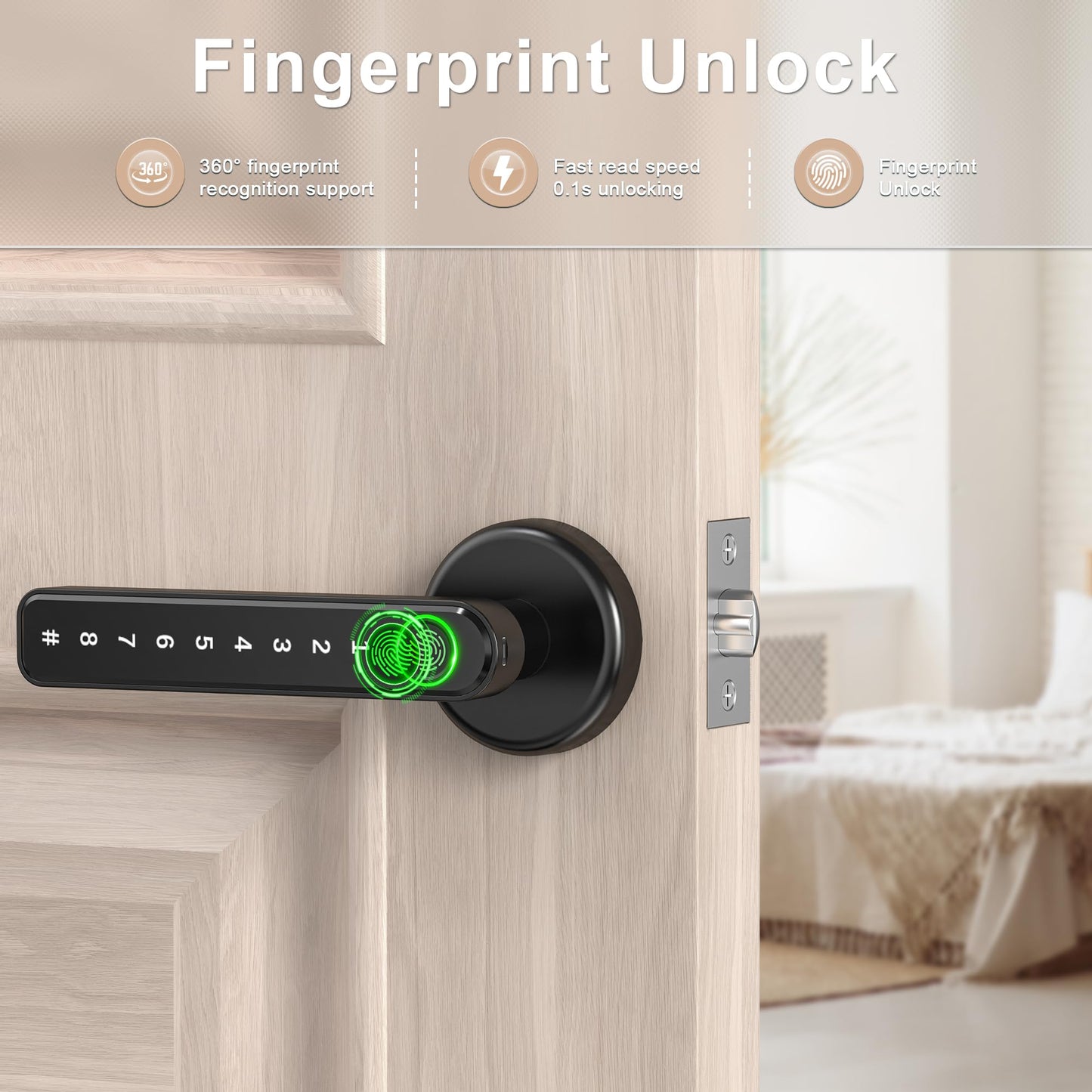 IRONZON Fingerprint Door Handle for Bedrooms - 191F 3-in-1 Fingerprint Door Lock with Keypad, Fingerprint Door Knob for Bedroom with Key, Keyless Entry Door Handle - Black
