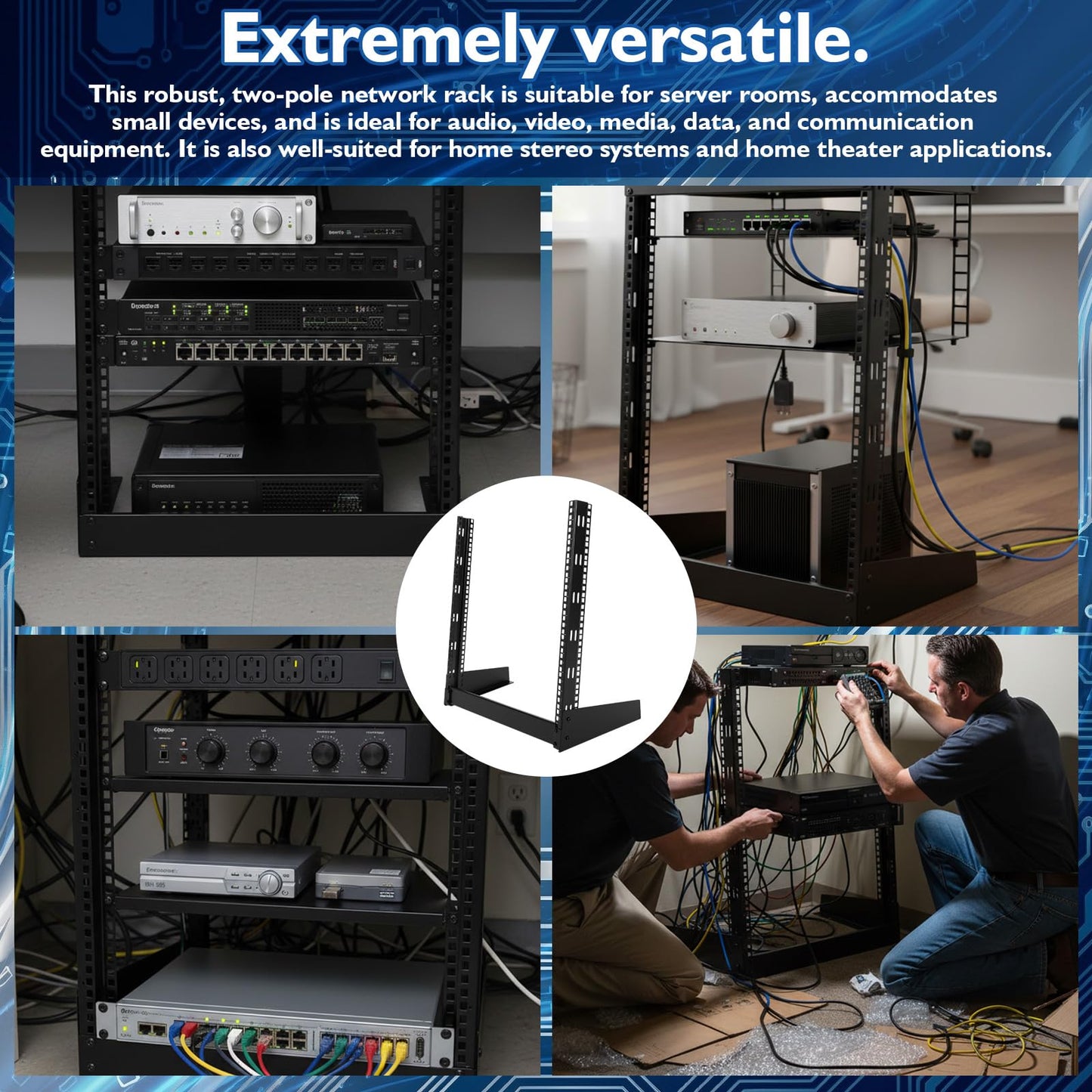 Moxweyeni 12u Open Frame Server Rack 19" 2 Post Network Rack for Audio Video Device Free Standing Desktop or Floor Lightweight Hinged Design, Compatible with Eia-310 Compliant, 140 Lbs Load Capacity