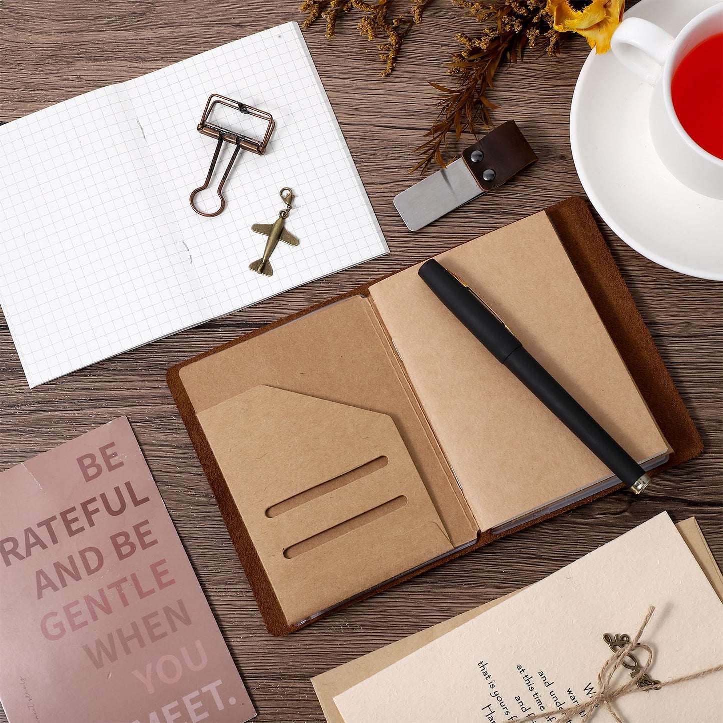 Douaowoc Travelers Refillable Leather Journal Notebook, 5.3" x 4.13" Passport Size Travel Journal Notebook with 3 Inserts,Pen Holder, Binder Clip for Men and Women (Brown)
