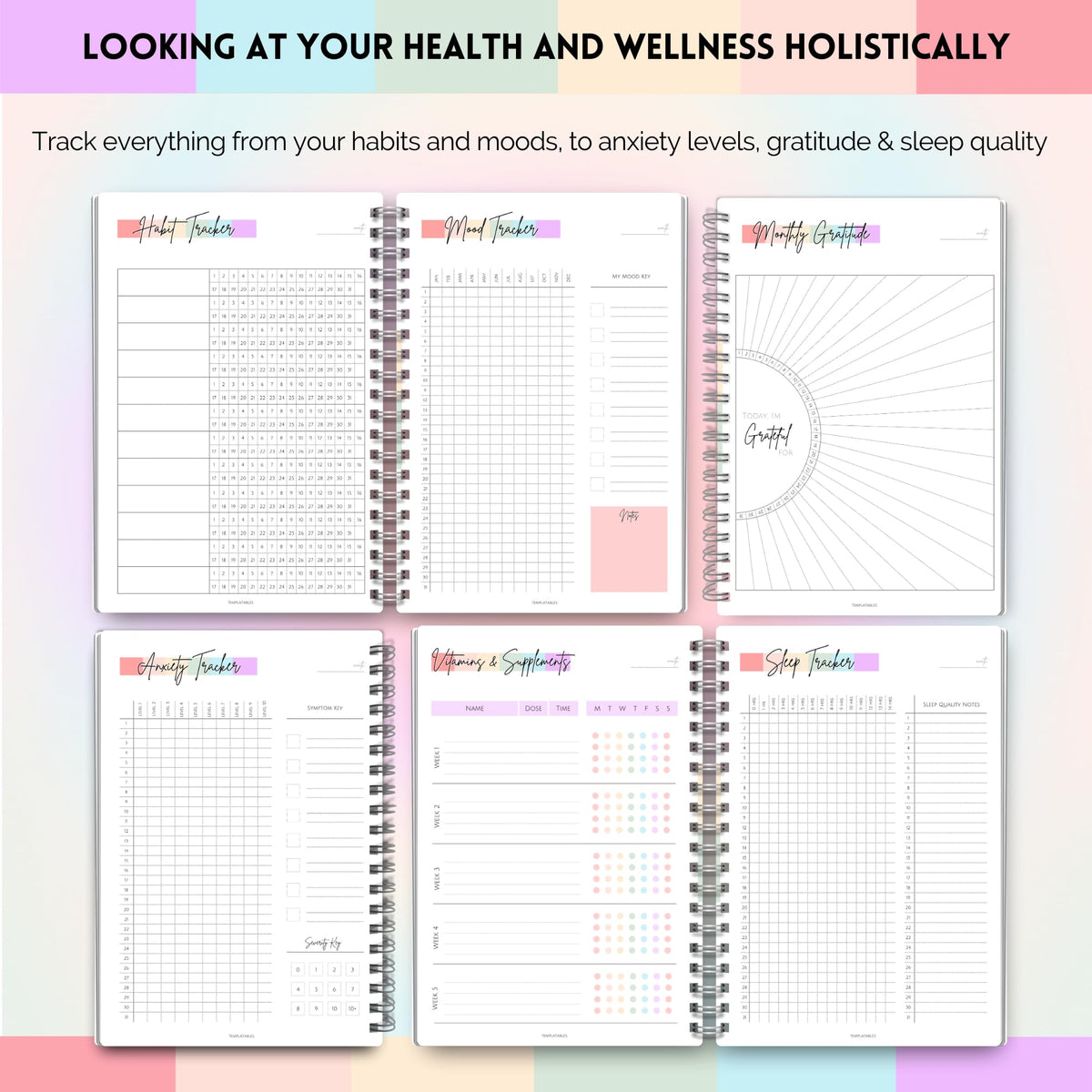 Wellness Journal - 90 Day Health, Fitness, Gratitude, Mindfullness, Wellbeing, Habit, Goals, Diet & Food Tracker - A5 (Pastel Rainbow)