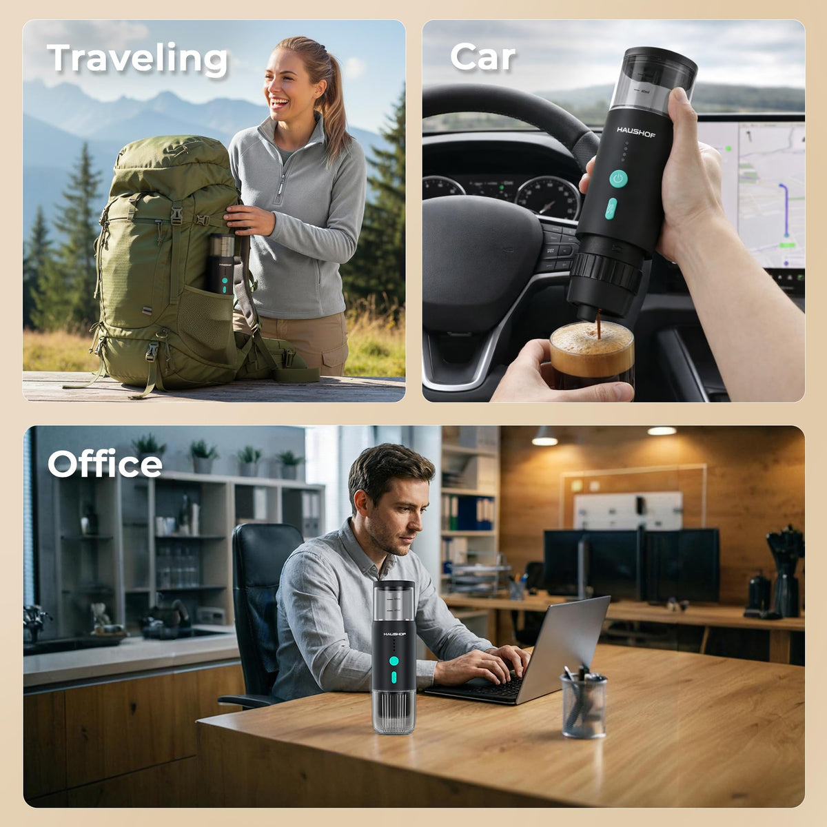 HAUSHOF Portable Electric Espresso Machine, 20 Bar Fast Heat-Up Travel Coffee Maker, USB-C Rechargeable Compatible with Ground Coffee & NS Capsules, for Car, Camping, RV, Hiking & Office