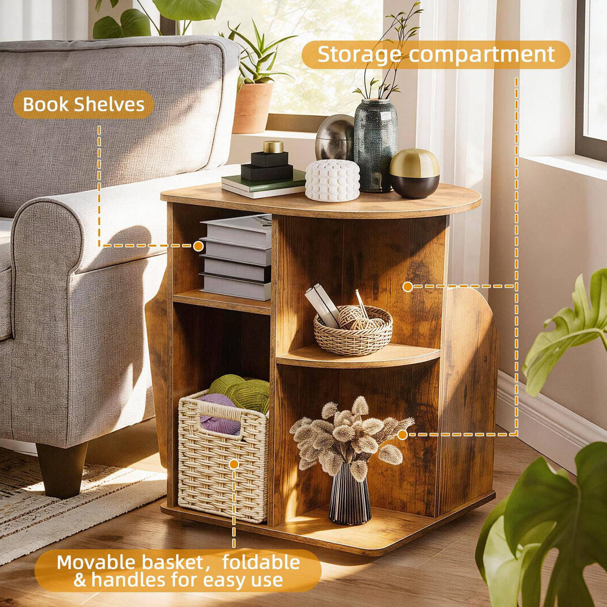TooCust Rotating End Table with Storage, Swivel Side Table Living Room, Side Table with Magazine Holder, Basket and Cabinet, Sofa Side Farmhouse End Tables with Open Shelf (Rustic Brown)
