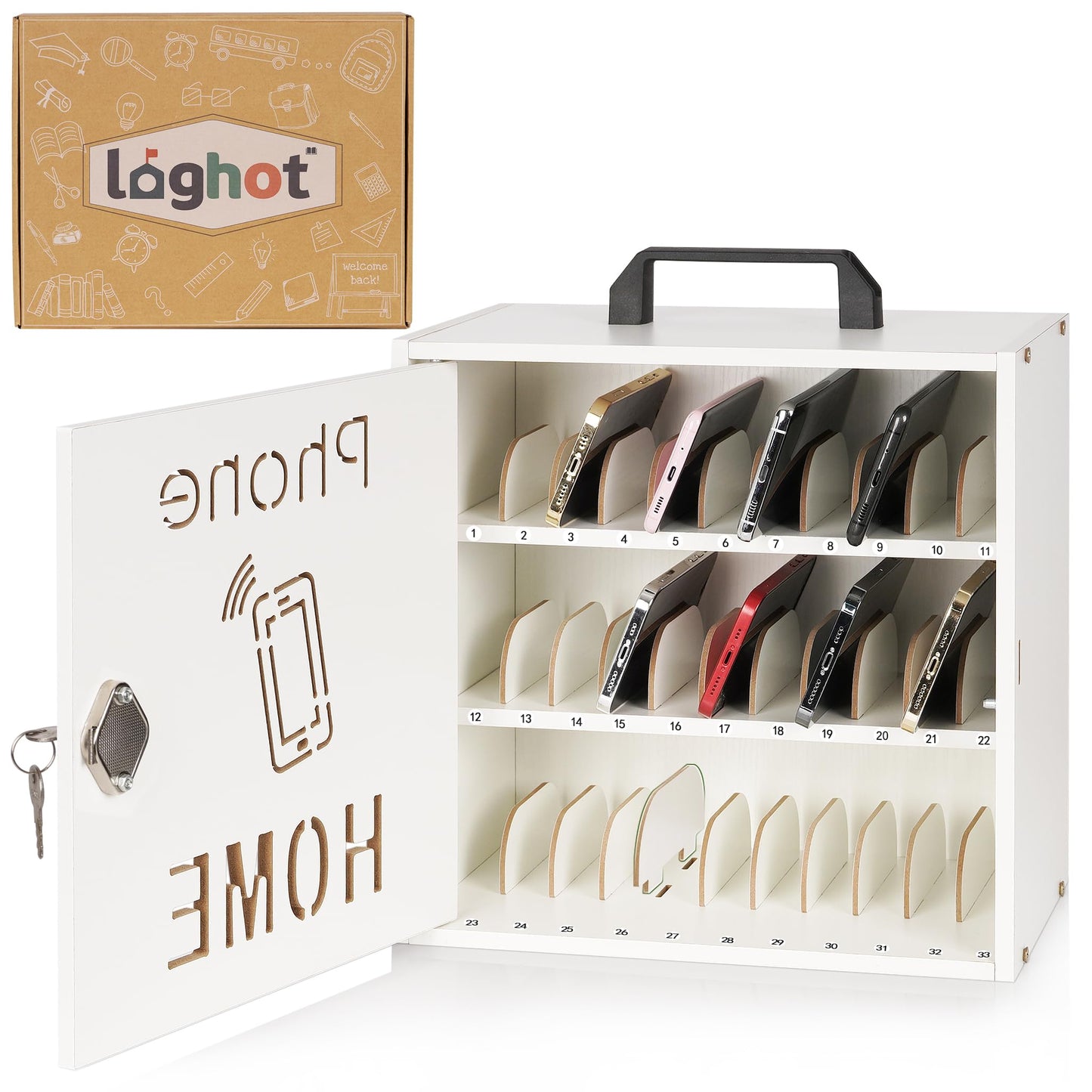 Loghot Wooden Cell Phone Storage Cabinet, 33 Adjustable Slots Cell Phone Locker with Security Lock & Handle, Desktop Phone Organizer for Classroom, Office & Repair Shops, White