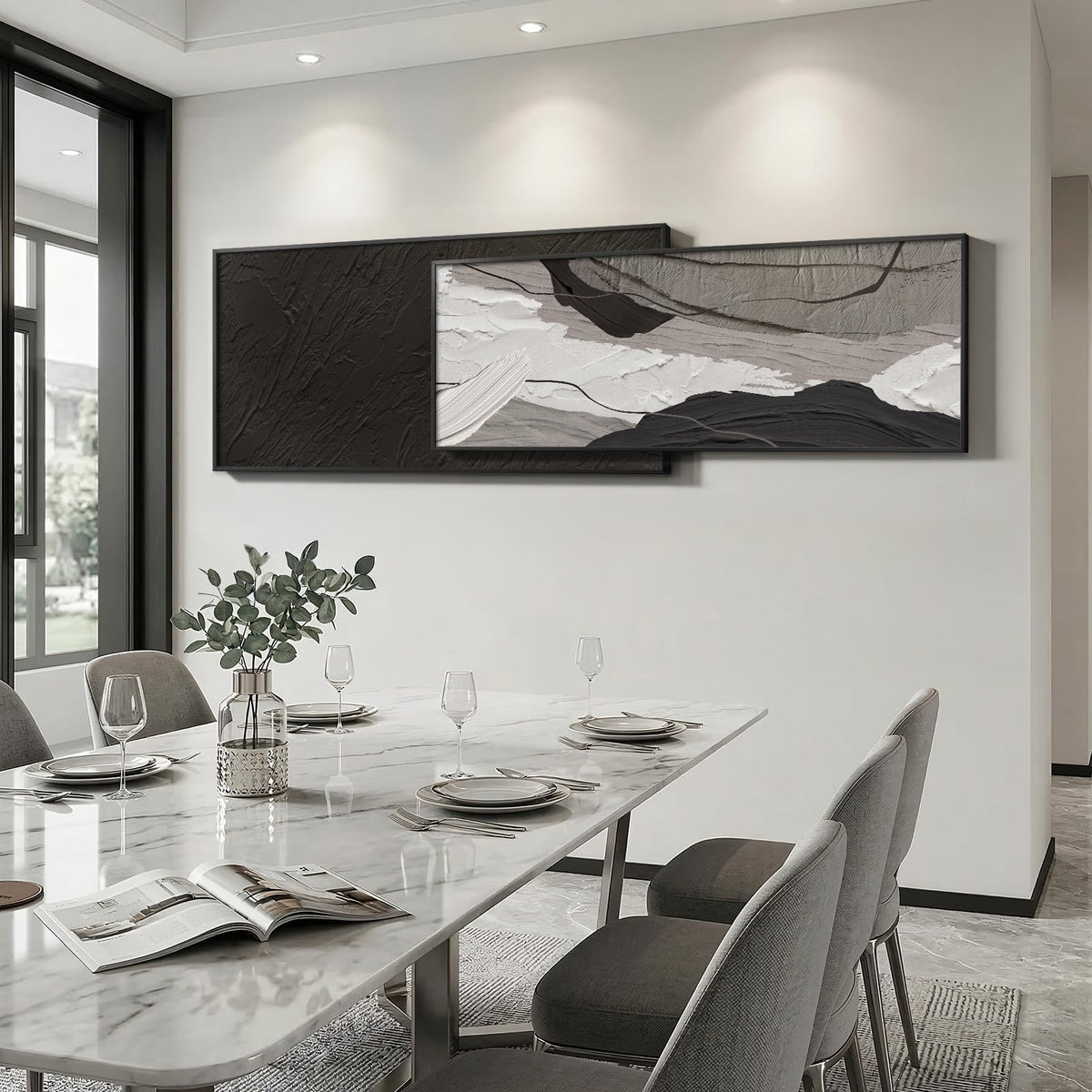 Extra Large Framed Black and White Abstract Wall Art for Living Room, Set of 2 Long Horizontal Modern Canvas Prints Paintings, Minimalist Gray Pictures for Bedroom Dining Room Office Wall Decor