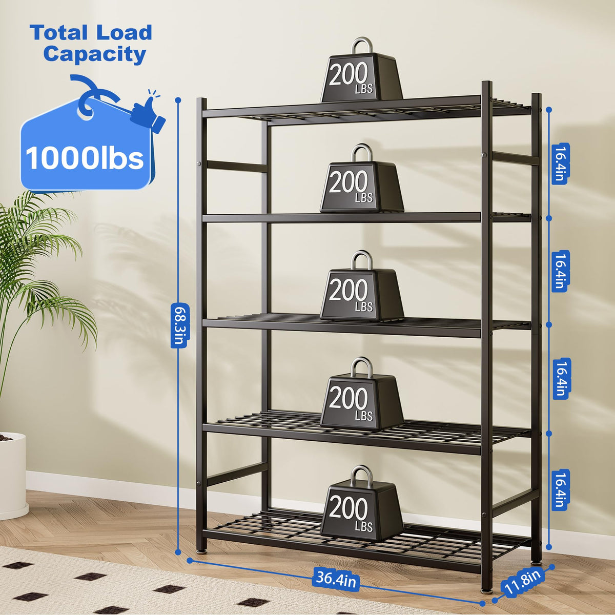 Tujurich Storage Shelves, 5-Tier Metal Shelving Unit with Adjustable Feet, Shelf Organizer for Garage, Kitchen, Pantry and Closet Organization, 36.4" x 11.8" x 68.3", Black