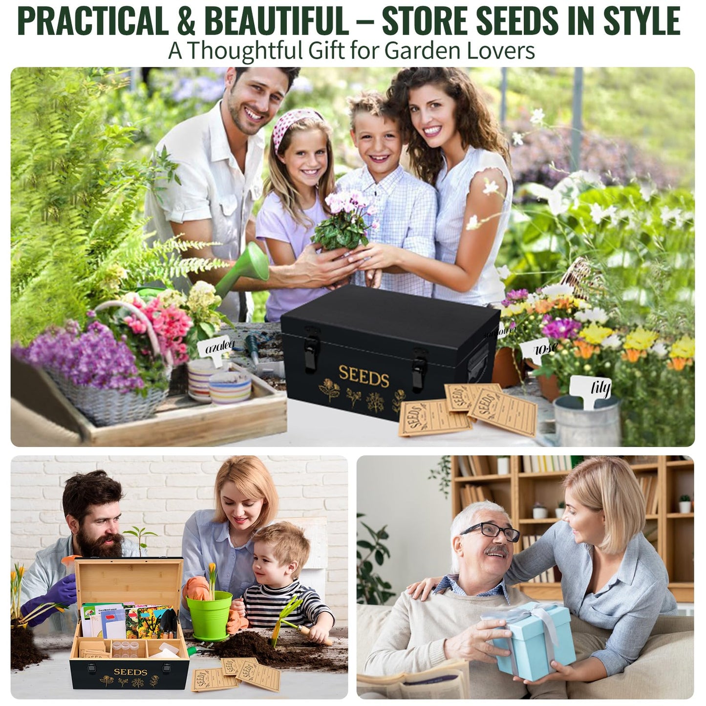 Large Bamboo Wood Seed Storage Organizer Box with Lid, Double-Layer Seal Design Seed Saving Box with Premium Coated Safety Lock, Handles, Extra Seed Envelopes and Labels, Great Gifts for Gardener