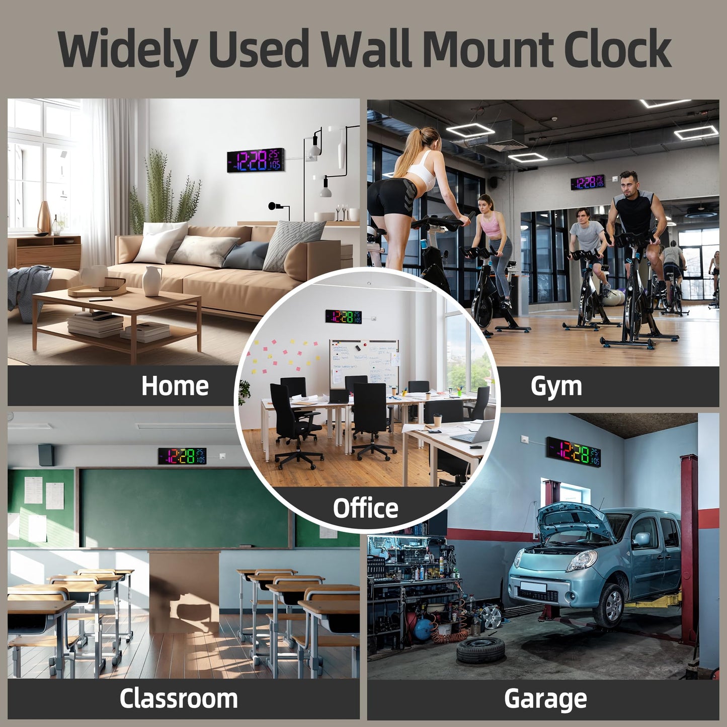 HAITANG 8 Colors Digital Wall Clock, 16.2" Large Digital Clock with Temperature, Date, Auto DST, Night Light, Auto Brightness Dimmer, 24/12-hour Wall Clock for Living Room Office Classroom Gym