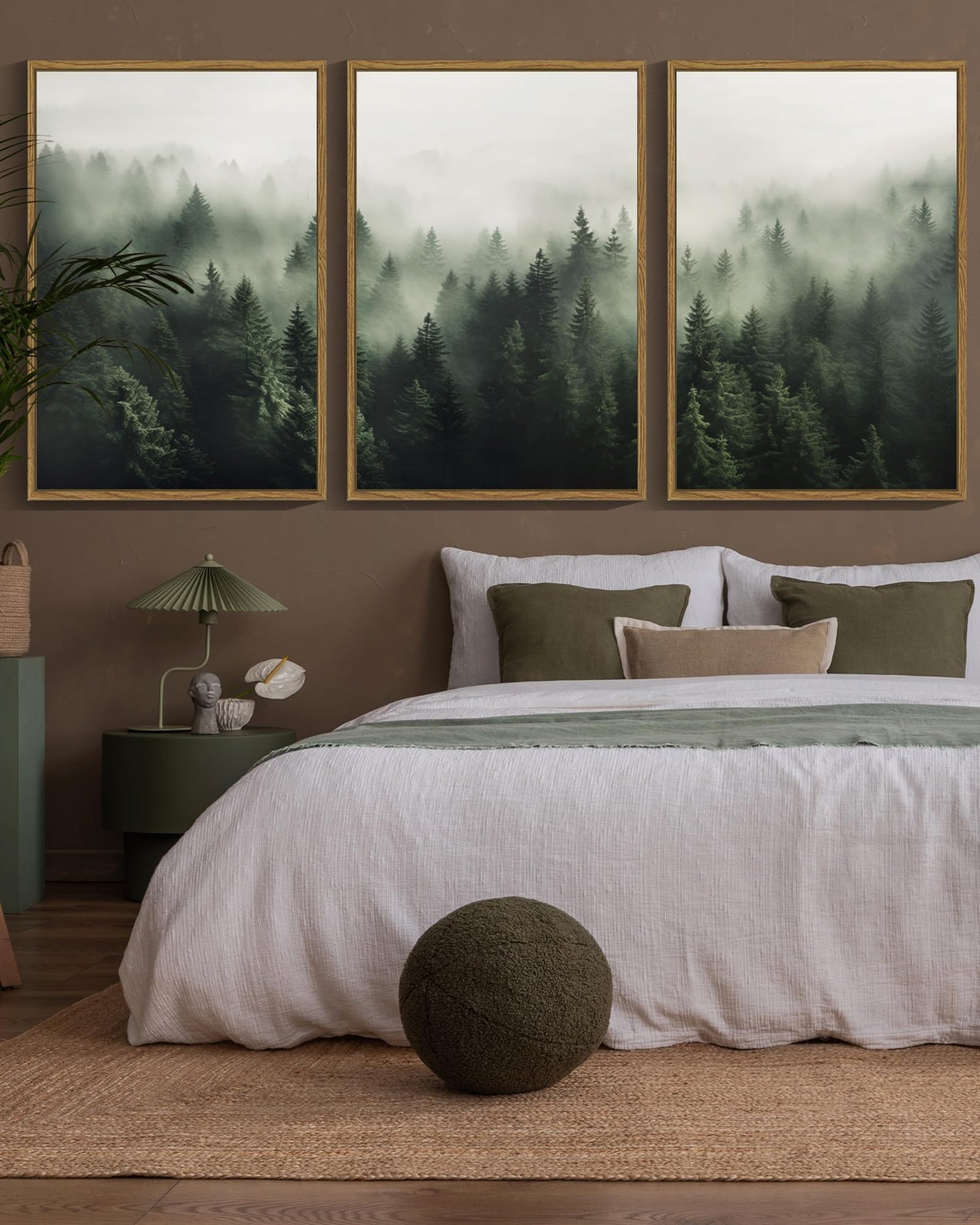 SHENIFY Green Fog Pine Tree Forest Canvas Wall Art Large 24x36in Framed Nature Modern Artwork Prints Decor - Natural Framed