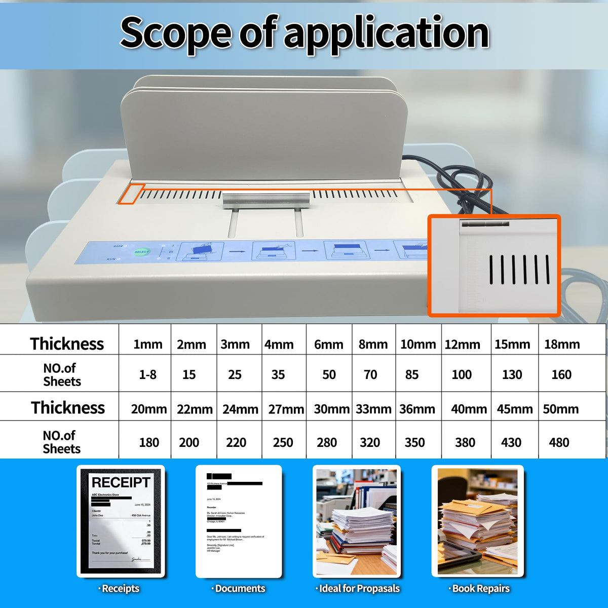 Thermal Binding Machine, 500 Sheets Capacity 50mm Thickness - 110V Hot Melt Binder Compatible with A3(Short Edge)/A4/A5/A6 Documents