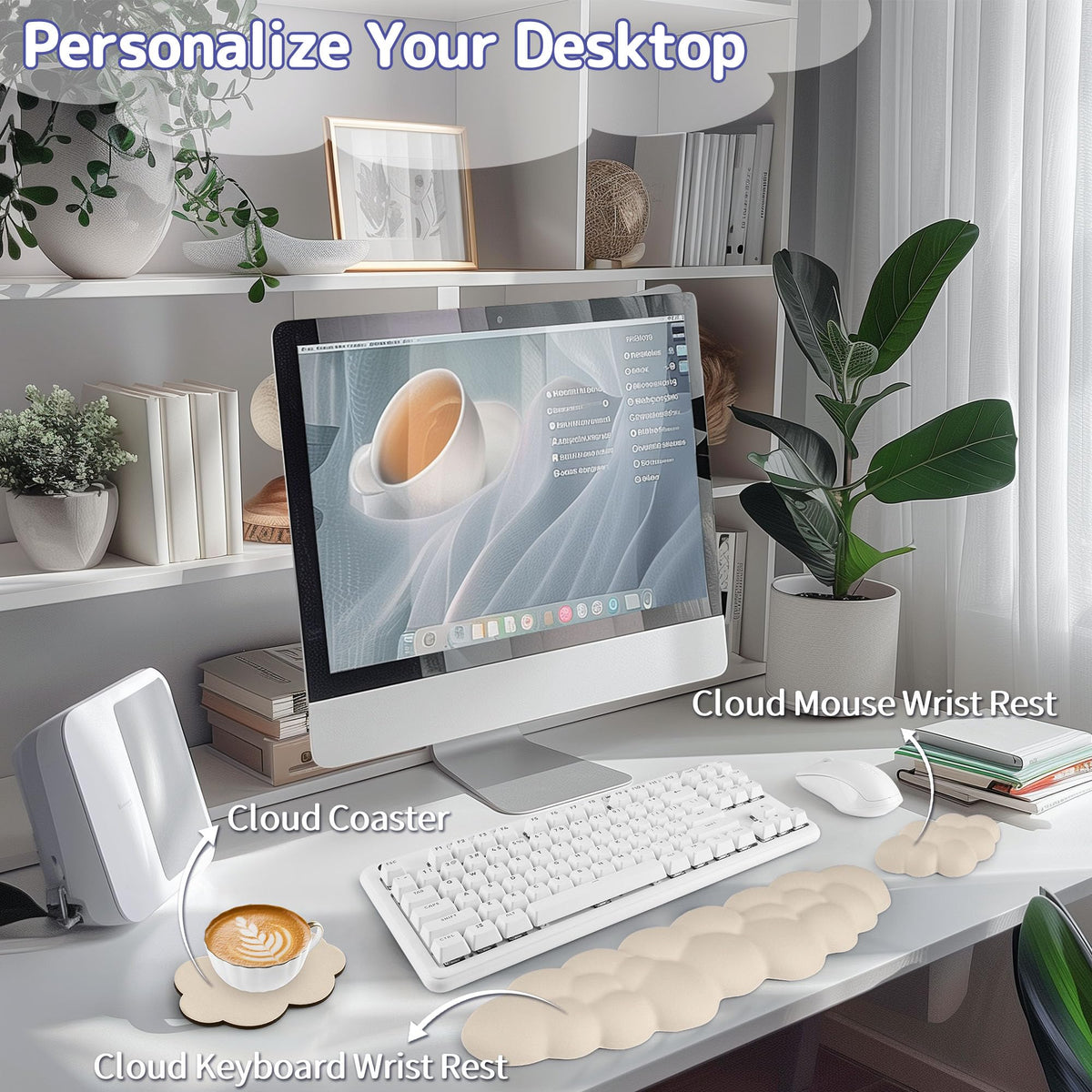 Sushret Cloud Wrist Rest Keyboard, Cloud Keyboard Wrist Pad Set with PU Leather Memory Foam, Cute Arm Rest for Palm Support, PC/Gaming Desk Accessories/Office Setup/Computer Hand Cushion - Beige