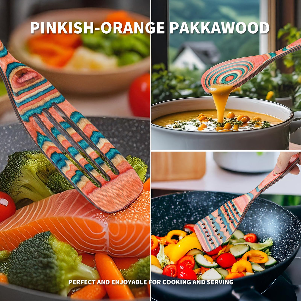 Gudamaye Pakkawood 7-Piece Wooden Cooking Utensils, Wooden Spoons for cooking, Wooden Utensil set, Pinkish-Orange Pakkawood Cooking Spoons, Non-Stick Spoon, Pakkawood kitchen utensils