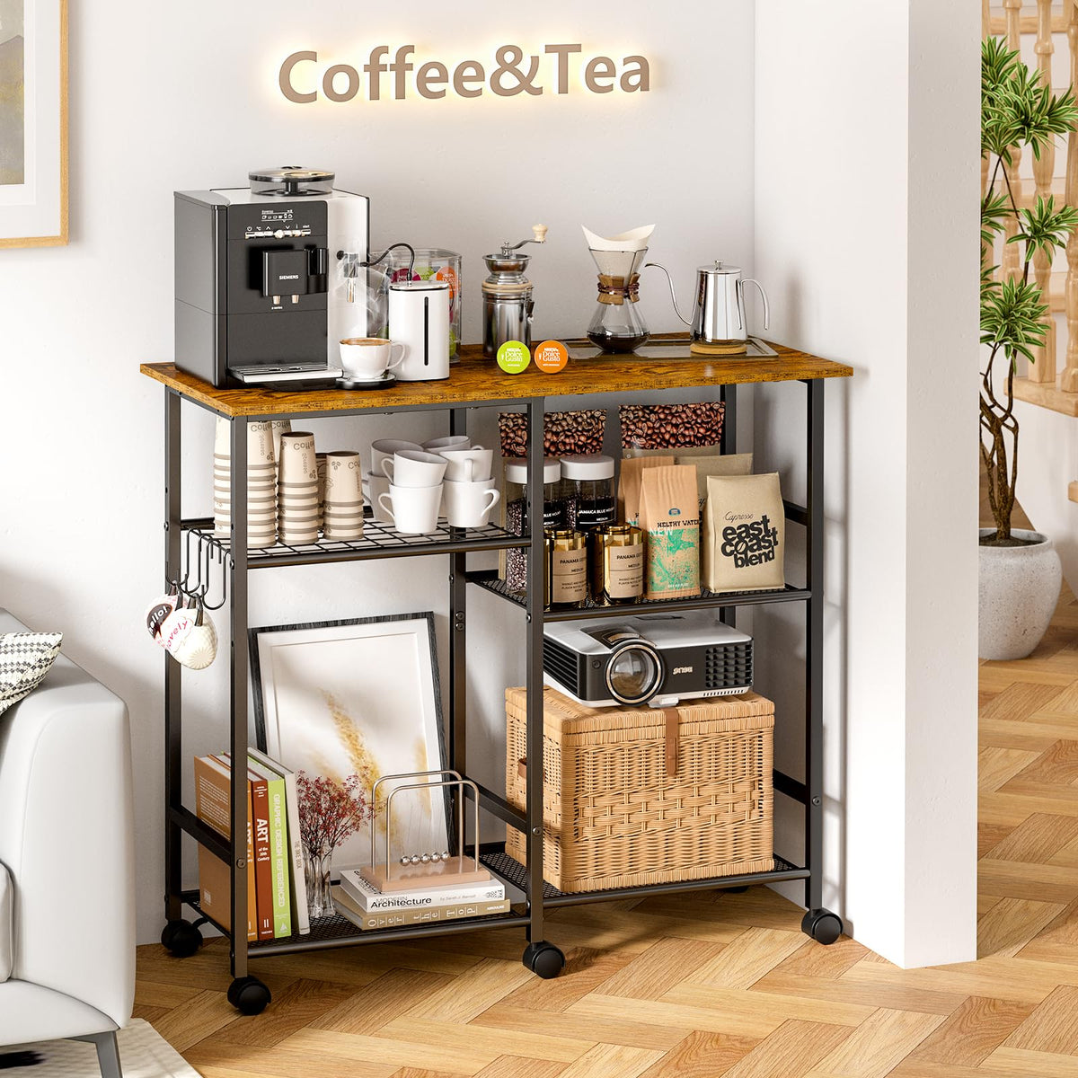 ThreeHio Rolling Kitchen Microwave Cart, 3-Tier Microwave Stand with Adjustable Shelf, Kitchen Storage Cart on Lockable Wheels, Coffee Bar Baker's Rack Organizer Shelf for Living Room, Office, Balcony