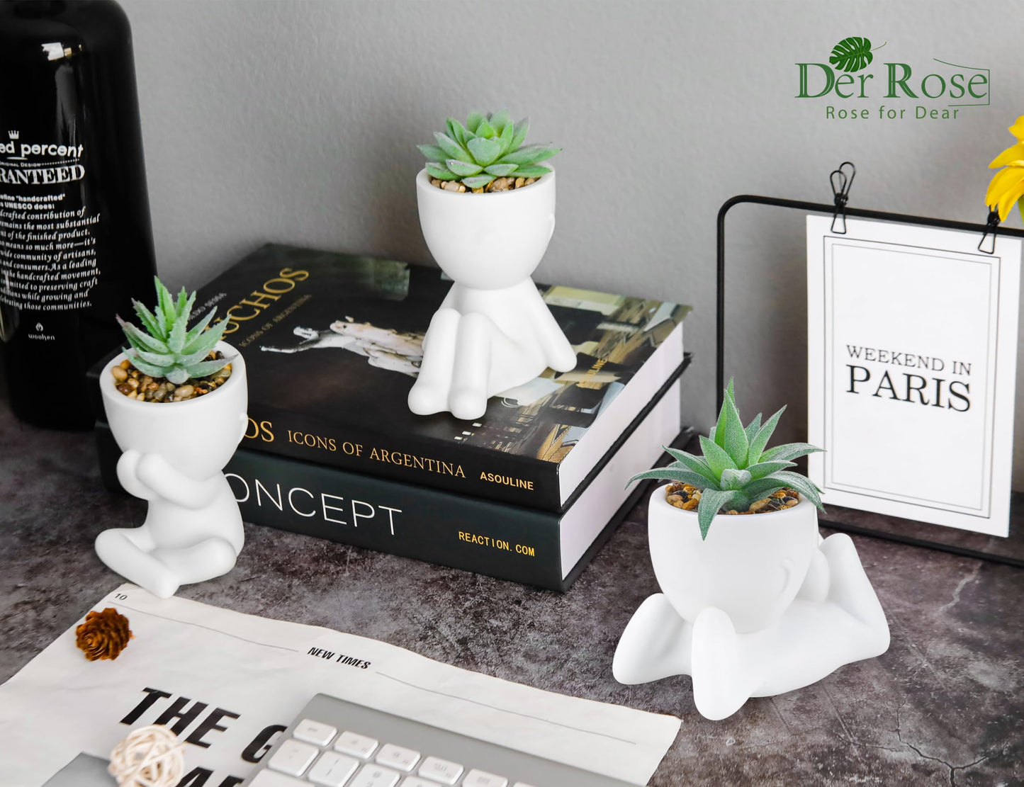 Der Rose 3 Pack Fake Plants for Office Desk Accessories Artificial Succulents Plants for Room Bathroom Home Decor for Women