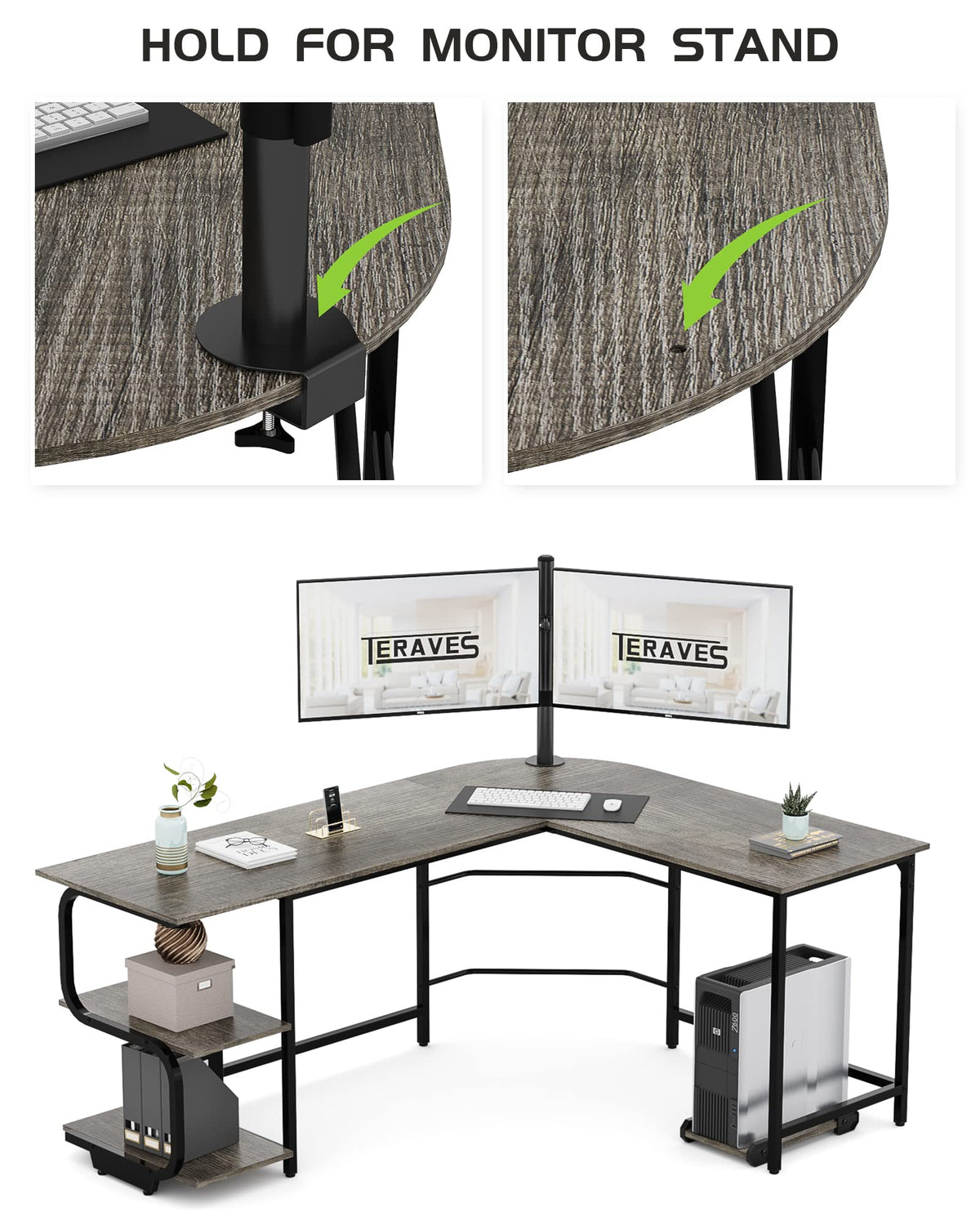Teraves Reversible L Shaped Desk with Large Surface, 69 Inch Sturdy Corner Desk with Storage Shelves, Premium Office Computer Desk Workstation for Home Office Gaming
