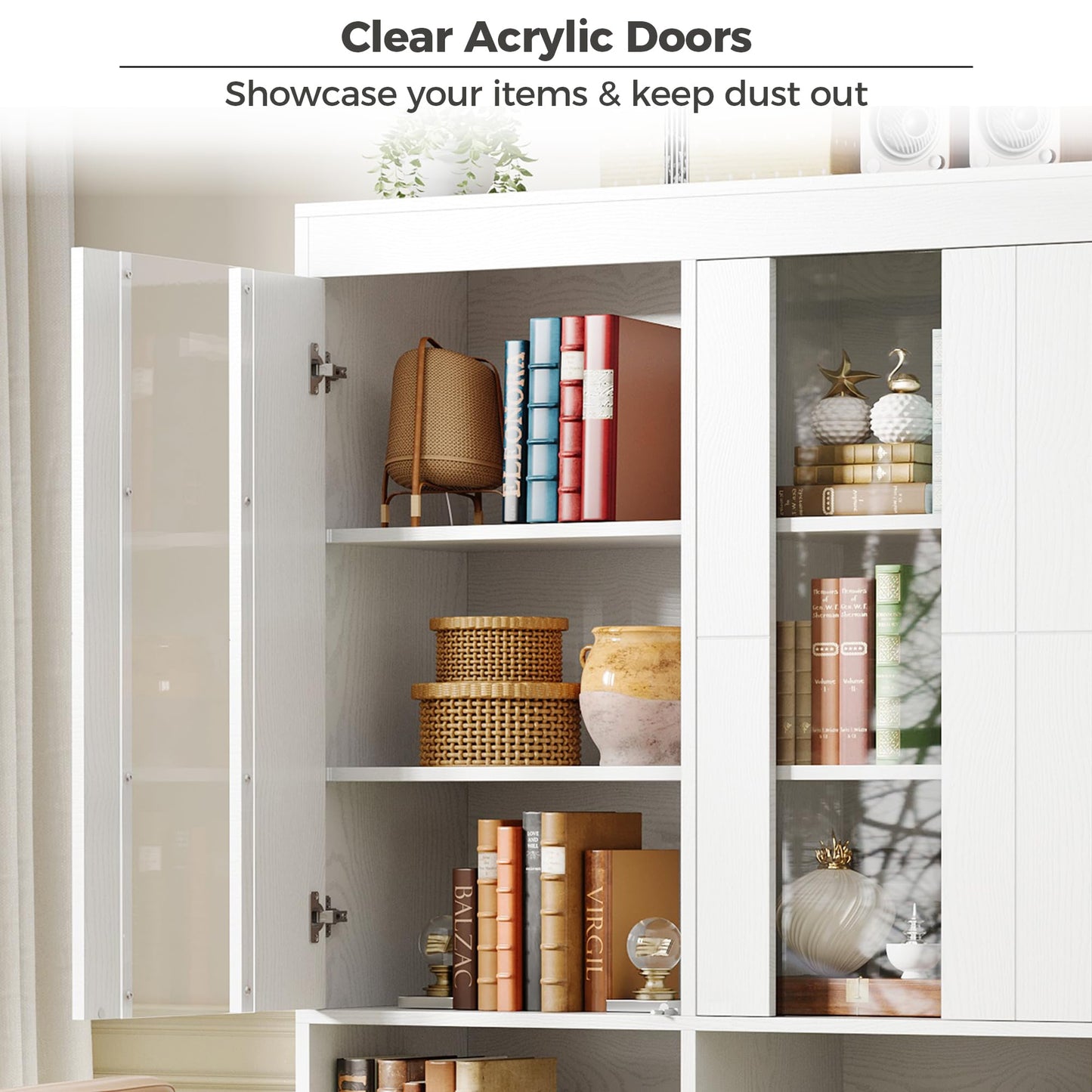 IRONCK Bookshelves and Bookcases with Doors, 70.7" H White Bookshelf with 5-Tier Storage, Large Book Shelf with Acrylic Doors for Living Room, Home Office