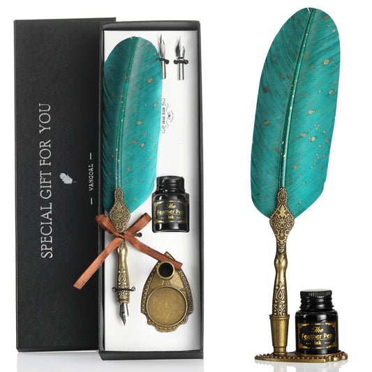 VANGOAL Vintage Green Feather Pen and Ink Set, Classic Series Goose Quill Pen with Carving Pen Stand, Calligraphy Pen Nibs, Black Dip Pen Ink, Antique Writing Gift for Writer
