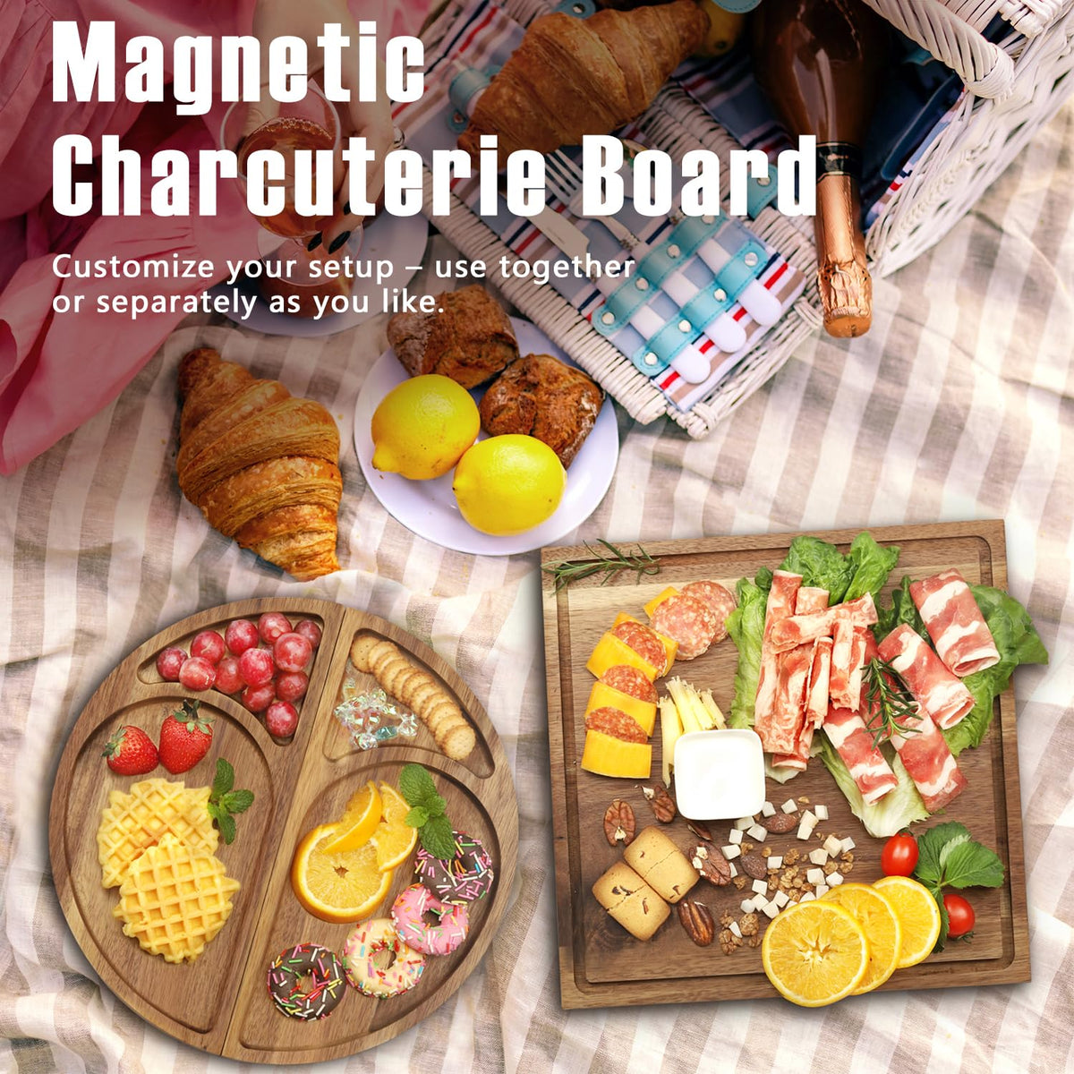 Extra Large Magnetic Charcuterie Board Cheese Board Gift Set 3 Part Square & Round & Heart Shaped Acacia Wood Charcuterie Cheese Boards Wooden Tray Serving Board Platter for Valentine