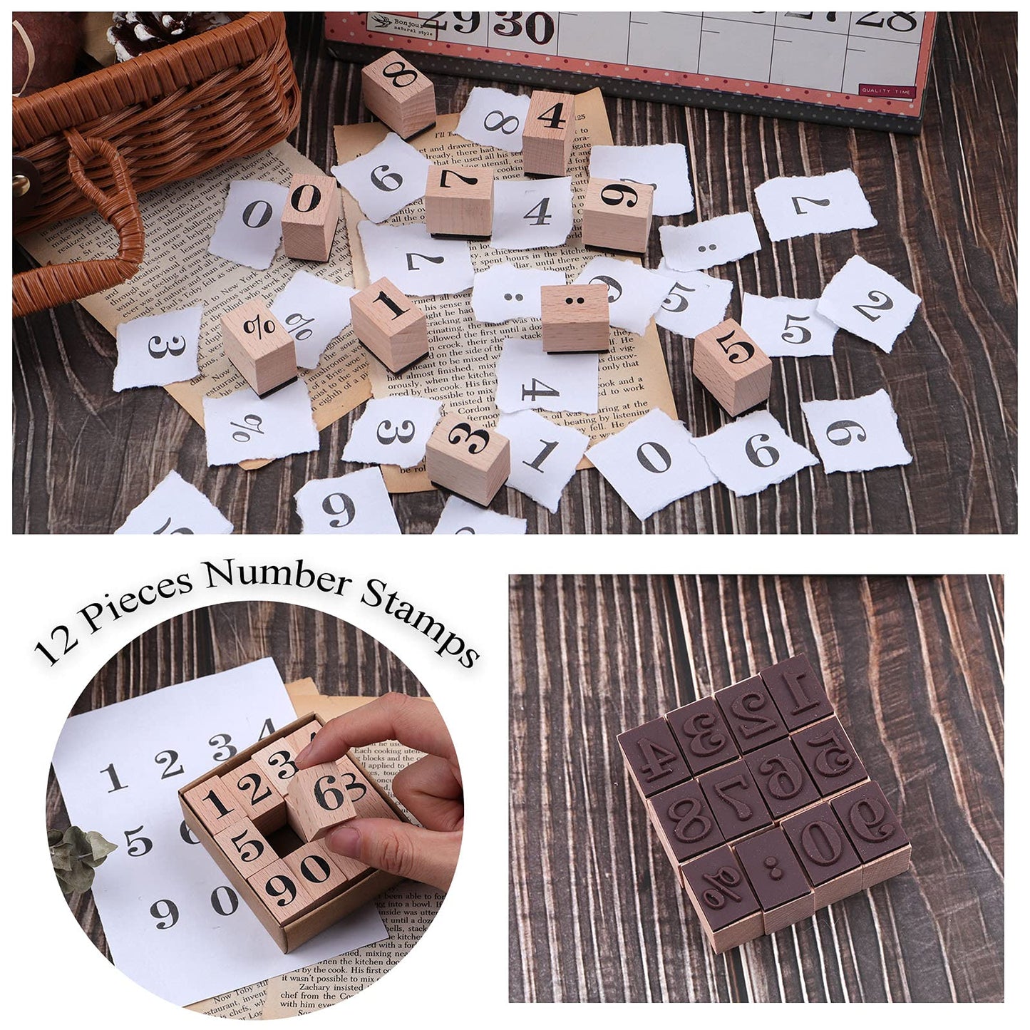 Dizdkizd 12 Pieces Wooden Rubber Stamps, Small Number 0-9 Decorative Multipurpose Wood Mounted Rubber Stamp Set for DIY Craft, Letters Diary and Craft Scrapbooking