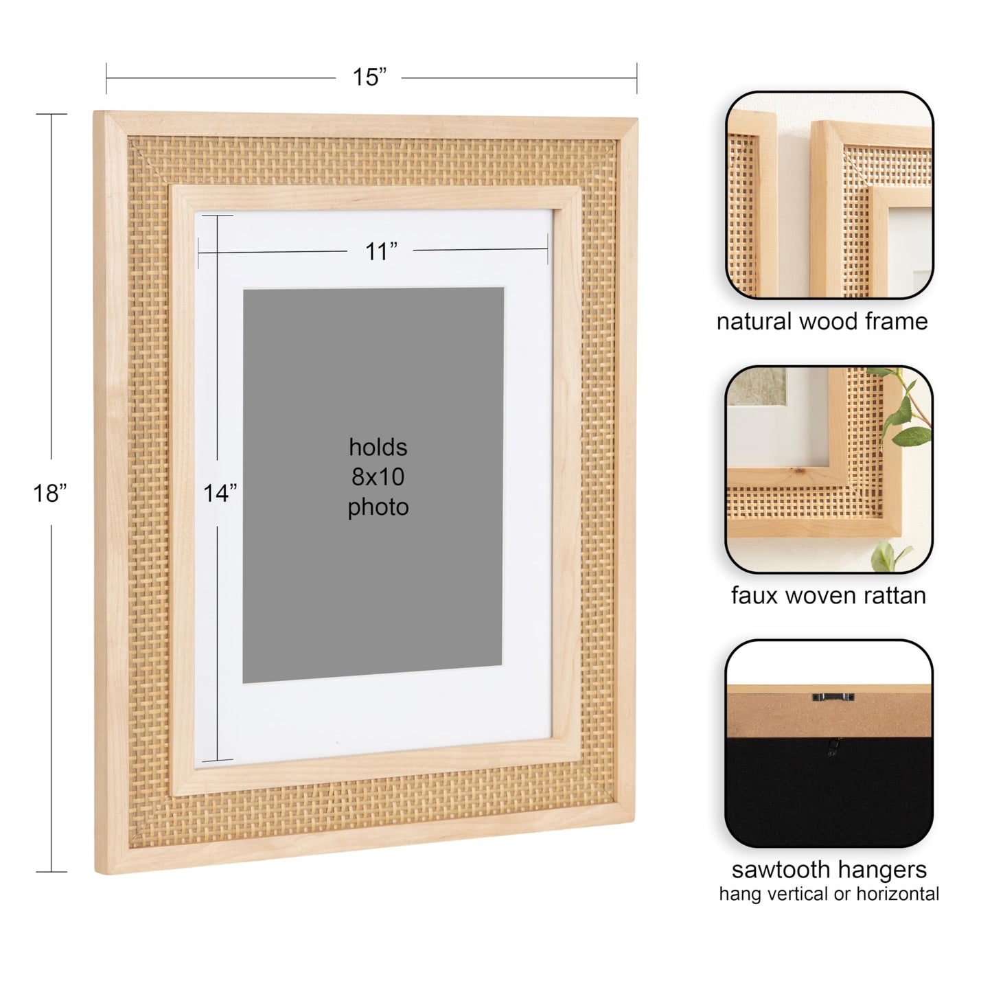 Kate and Laurel Corah Modern Faux Rattan Picture Frame Set of 2, 11 x 14 matted to 8 x 10, Natural, Boho Two-Piece Glass Photo Frame Set for Gallery Wall Design in Living Room Wall Decor