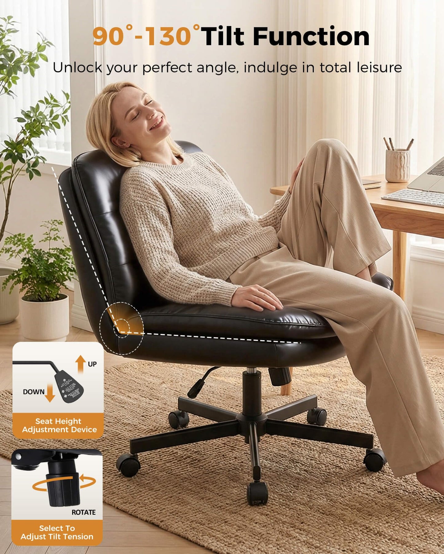 COMHOMA Cross Legged Office Chair with Wheels Armless Office Desk Chair, Modern Vanity Computer Task Chairs for Home Bedroom, Comfortable Wide Seat for Lower Back Pain Relief, PU Leahter, Black