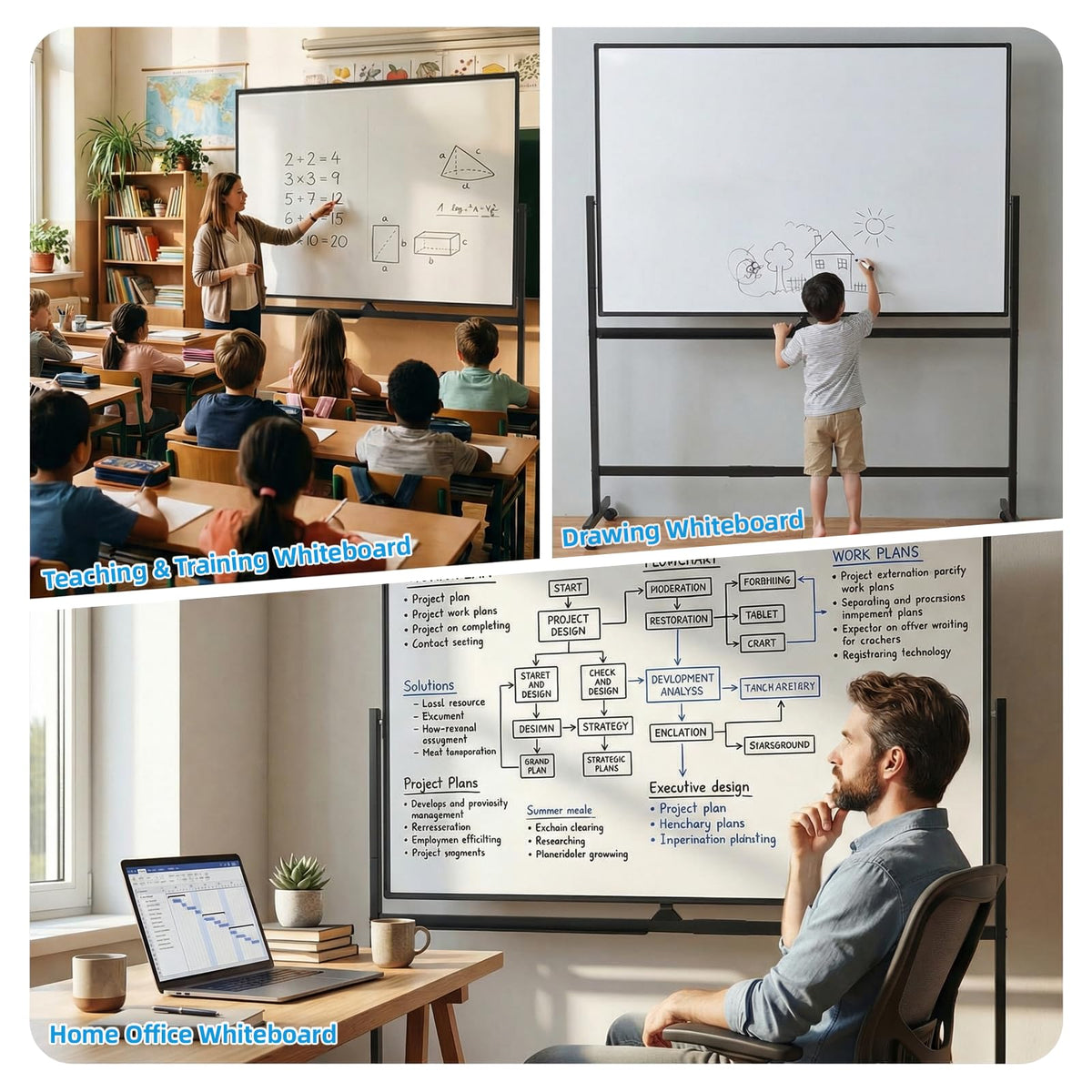 VOWNER Double-Sided Magnetic Whiteboard, 60" x 48" Mobile Dry Erase Board, Reversible Rolling White Board with Aluminum Frame & Stand, for Home Office, Classroom, School, Black