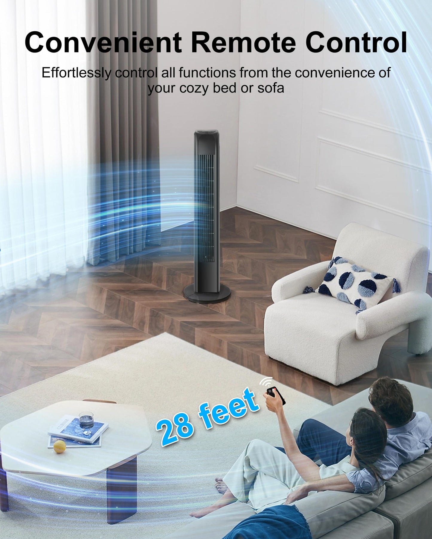 Uthfy Oscillating Tower Fan with Remote, Electric Standing Floor Fan for Bedroom Indoor Office and Home Use,Quiet Cooling Portable Bladeless Tower Fans, 30 inchs, Black