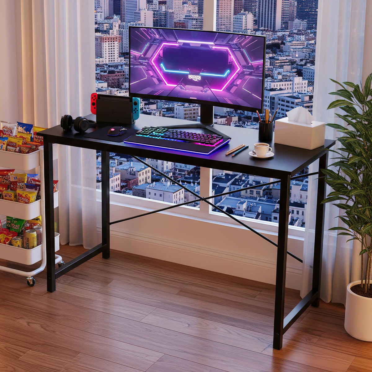 OLIXIS 47 Inch Computer Office Desk for Small Spaces, Writing Gaming Work Desk Modern Study Table with Storage Bag & Headphone Hook Home Bedroom, Black