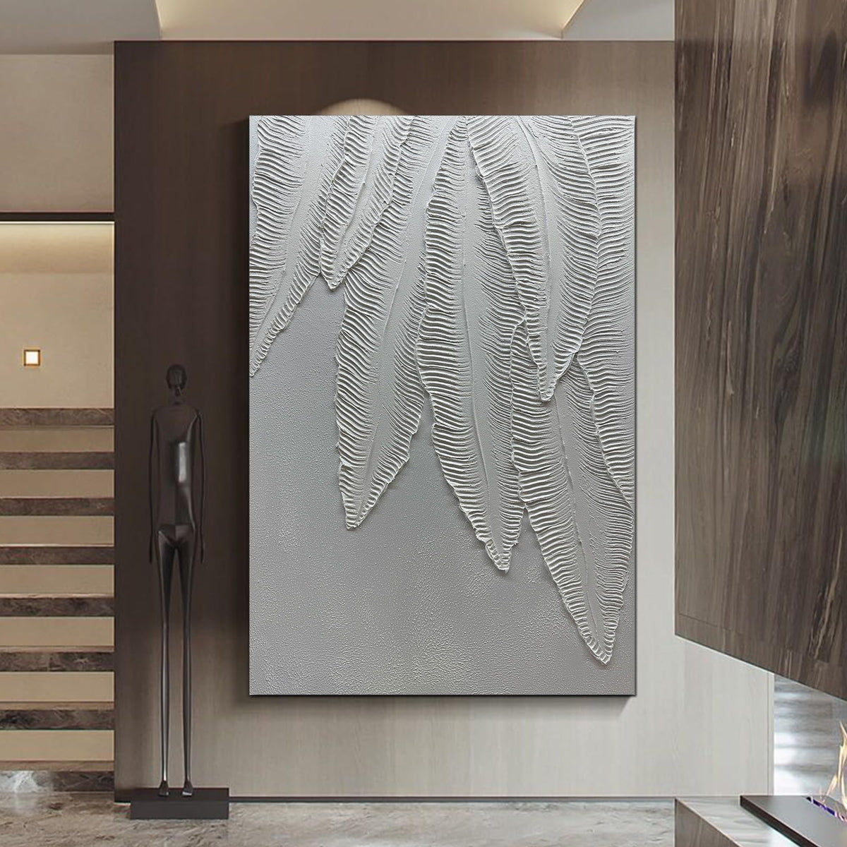 Art8YuQi Paintings - Contemporary Abstract Art leaf Oil Painting On Canvas Texture 3D White Painting Plantain Handmade Artwork Picture Canvas Wall Art Modern Home Decor living room Ready to Hang 24x36inch (36x24 inch) (AQ053, 24X36 inch)