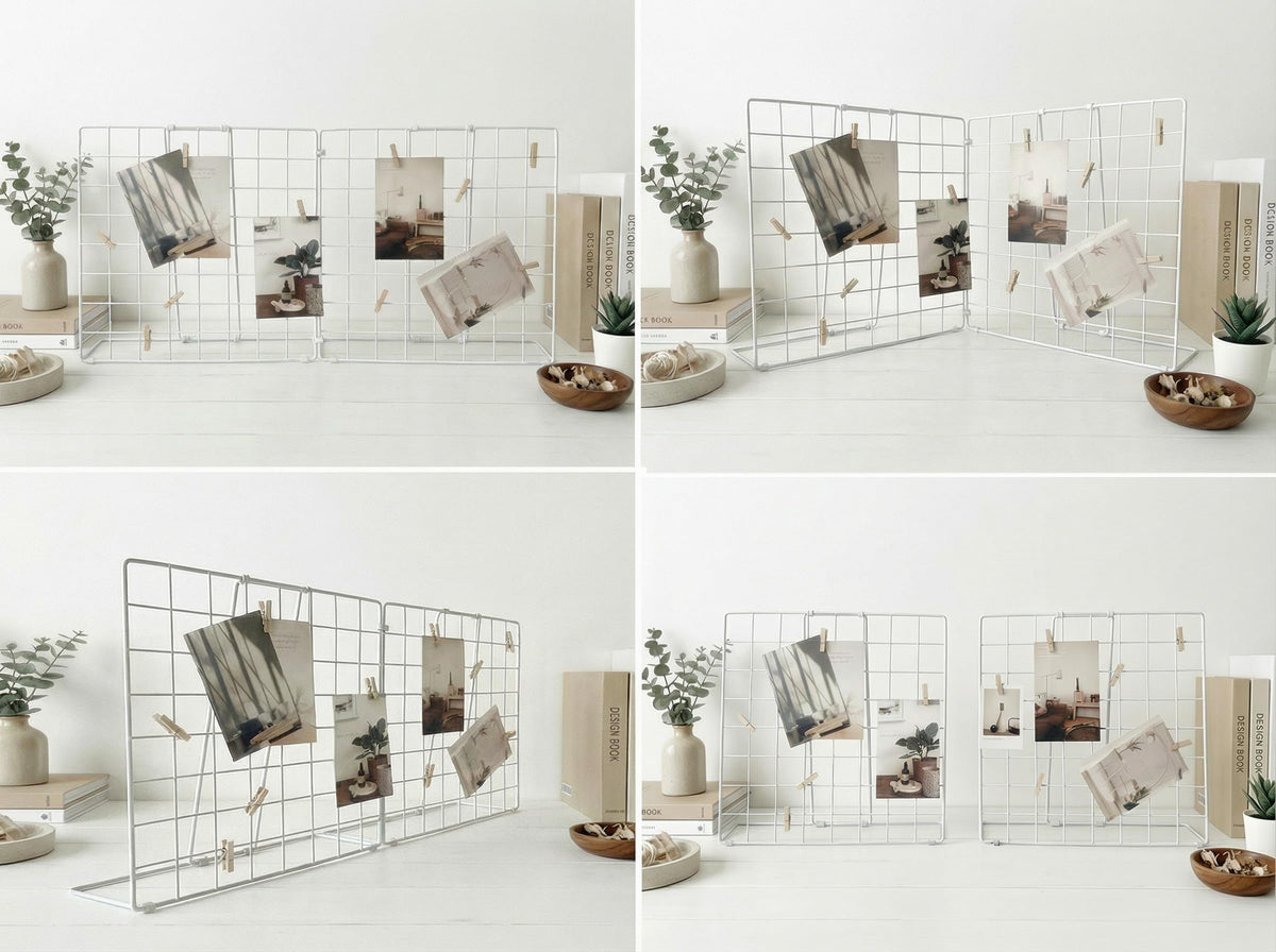 JAJAGOU Foldable Double-sided Desktop Photo Display Rack & Grid Display Board With 20 Wooden Clips – Photo & Accessory Organizer For Home Office White