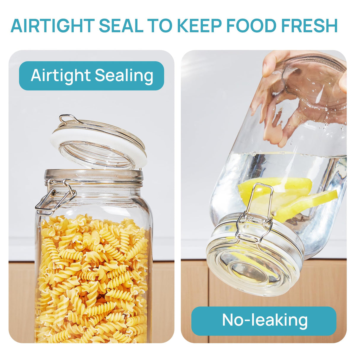 Vtopmart 78oz Glass Food Storage Jars with Airtight Clamp Lids, 3 Pack Large Kitchen Canisters for Flour, Cereal, Coffee, Pasta and Canning, Square Mason Jar with 8 Chalkboard Labels