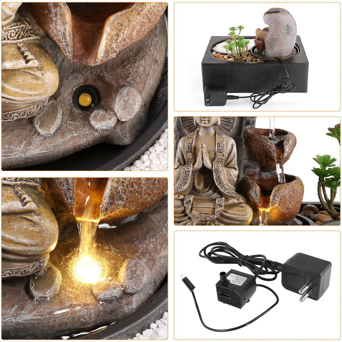 WICHEMI Waterfall Fountains Indoor Water Fountain Tabletop Fountain Zen Garden Buddha Fountain with LED Warm Light for Office Home and Bedroom Desktop Decor