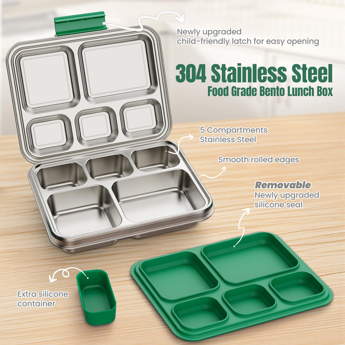 Zeekala Stainless Steel Bento Lunch Box for Kids & Adults, 5 Compartment Metal Portable Bento Box with Silicone Food Container and Removable Silicone Seal,BPA-Free,School,Office(Green)