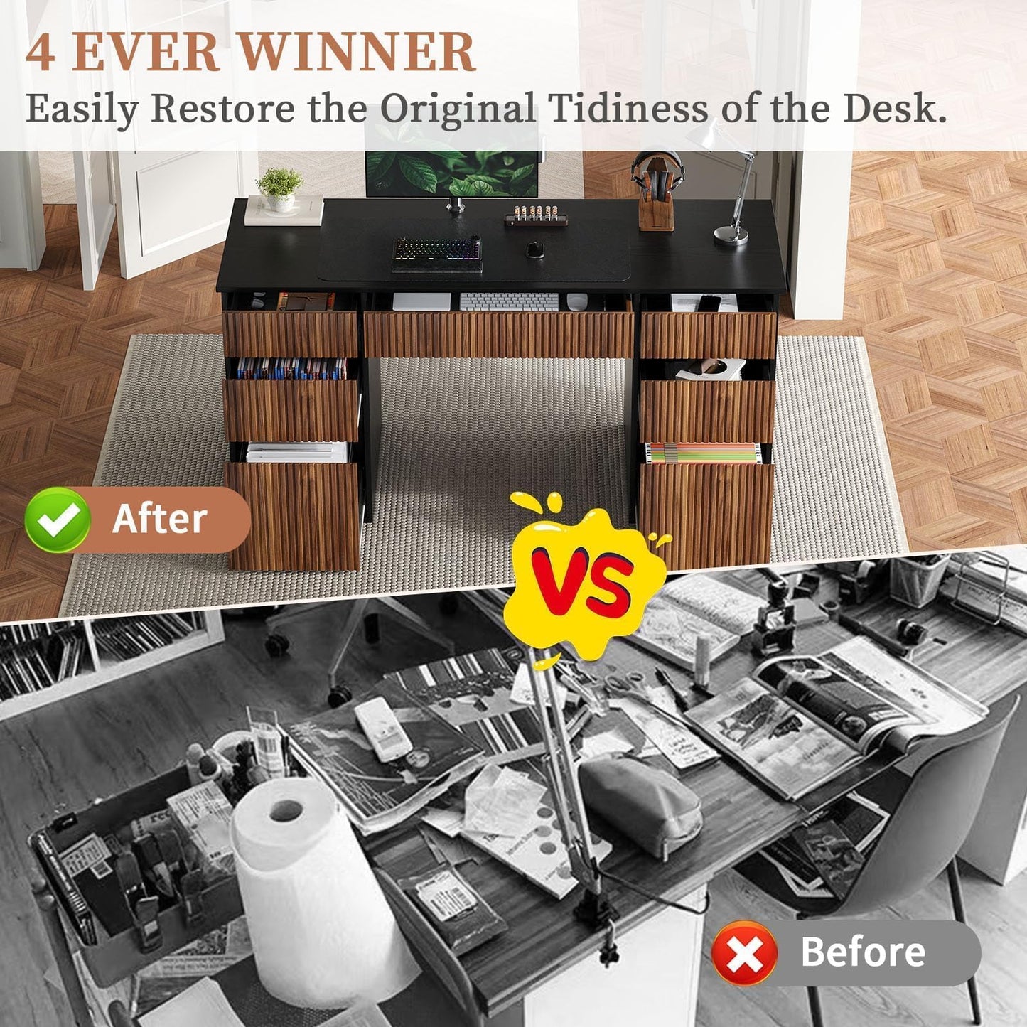 4 EVER WINNER Black Desk with Drawers, 58" Executive Office Desk with 7 Drawers and Hidden Handle, Computer Desk with File Cabinets for Living Room Study Table for Bedroom, Black