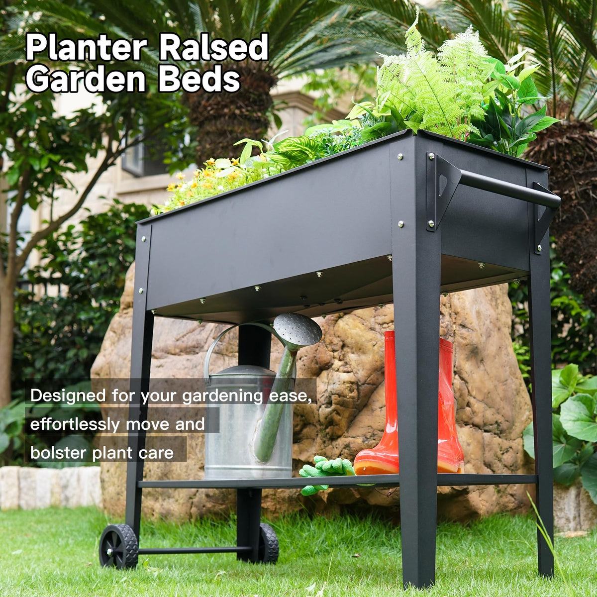 LEETOLLA Elevate 32" Tall Raised Garden Bed Outdoor with Wheels & Shelf for Mobility, 400LBS Capacity, Anti-Rust Steel Planter Box for Vegetables/Herbs, Patio-Balcony-Backyard