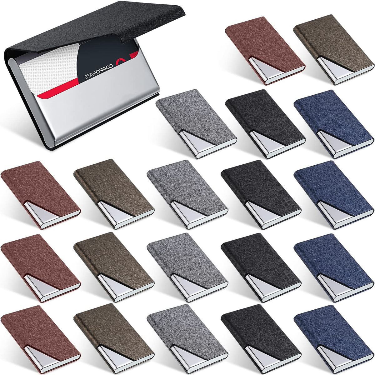 Yexiya 20 Pieces PU Leather Business Card Holder with Magnetic Closure Stainless Steel Slim Wallet Case for ID Credit Card Women Men(Black, Blue, Bronze, Grey, Brown)