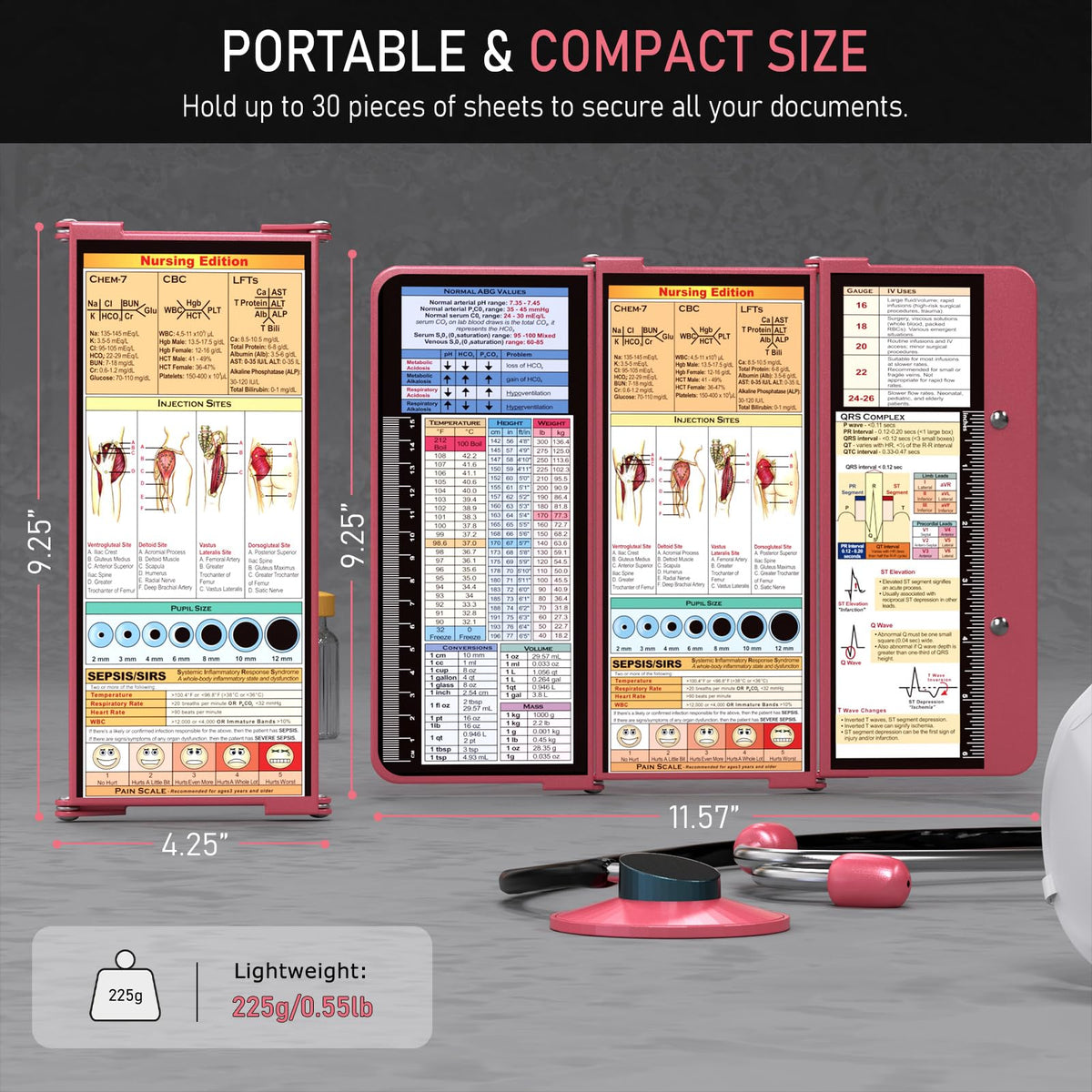 Nursing Clipboard Foldable, Foldable Clipboard w/Nursing Edition Cheat Charts,3 Layers Aluminum, Nurse Clip Board w/Low Profile Clip&Pen Clip Pocket for Students, Nurses and Doctors, Rose