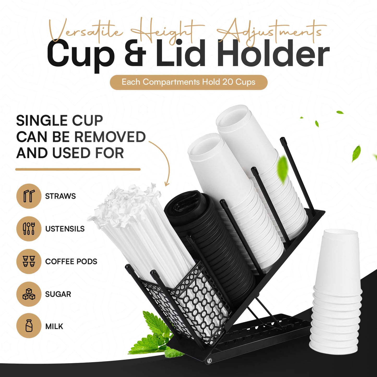 Oslow Cup Dispenser - Heavy-Duty Metal Coffee Cup Holder for Countertop with Adjustable Height - Cup Organizer for Restaurant, Cafe, Office Kitchen or Break Room, Home Coffee Bar - 11.5x4.5x15", Black