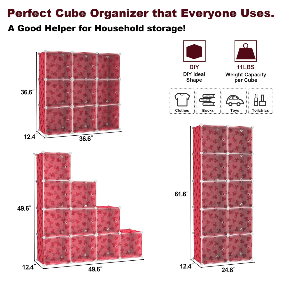 C&AHOME Cube Storage Organizer with Doors, 10-Cube Shelves, DIY Plastic Modular Bookshelf, Closet Clothes Storage Shelving Ideal for Bedroom, Living Room, Clover Embossed, Red