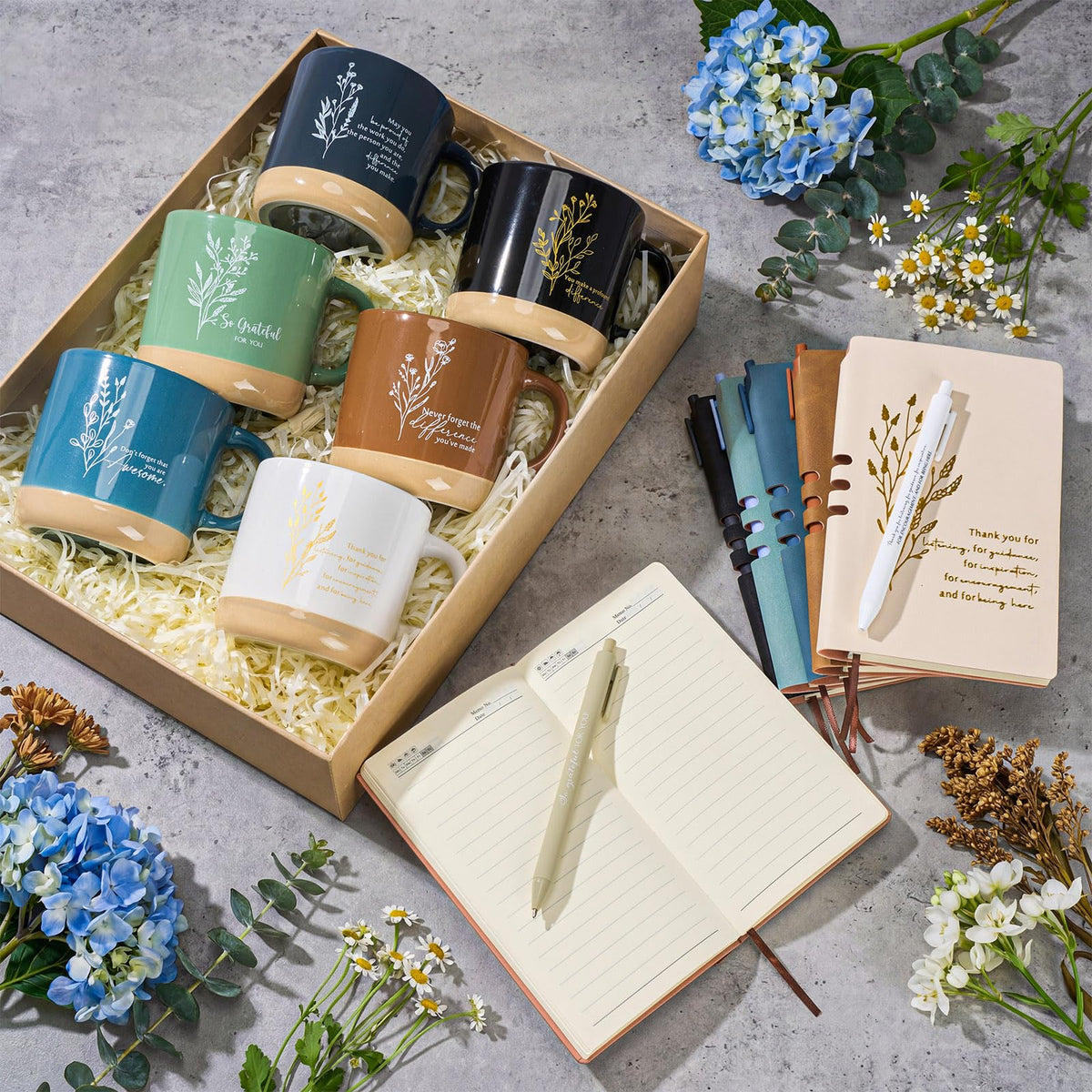 Didaey 6 Sets Employee Appreciation Gifts Set 13oz Boho Floral Ceramics Coffee Mugs with A6 Leather Notebooks Ballpoint Pens Bulk Office Thank You Gift for Coworkers Staff Team Nurse