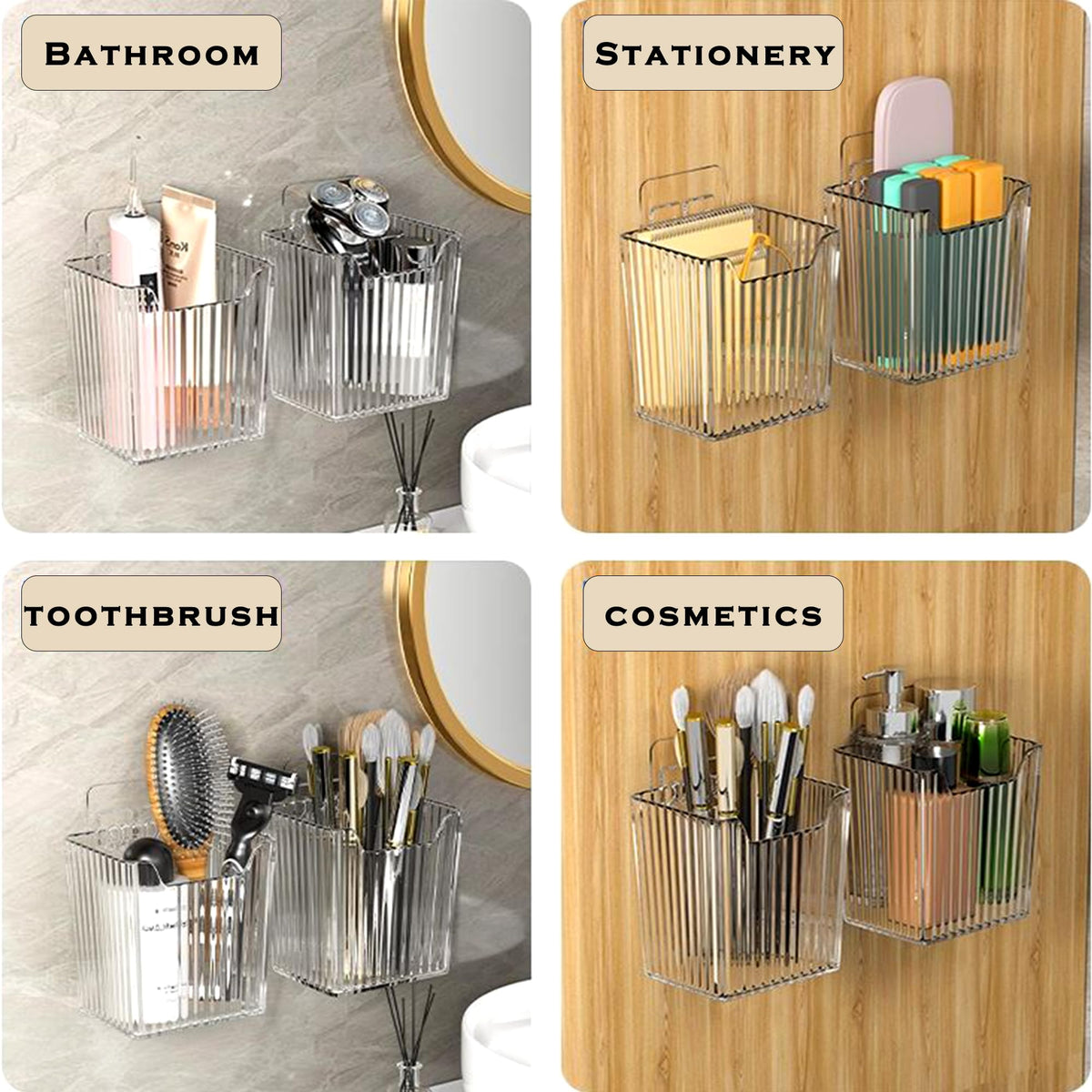MZYIWUU 4 Pack Acrylic Wall Mount Organizer, Adhesive Cabinet Door Storage Bins, Clear Makeup Containers, Stackable Organizer Basket for Kitchen, Bathroom, Cabinet, Pantry, Office