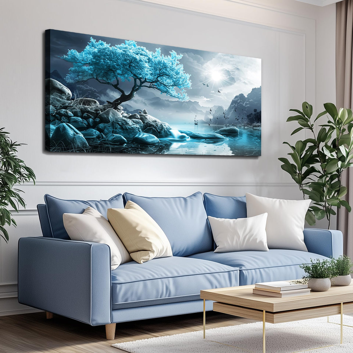 KELIYUAN Canvas Wall Art For Living Room Bedroom Wall Decor Black And White Landscape Pictures Blue Tree Wall Painting Modern Home Decoration For Room Office Works Framed Canvas Art Prints 20x40in