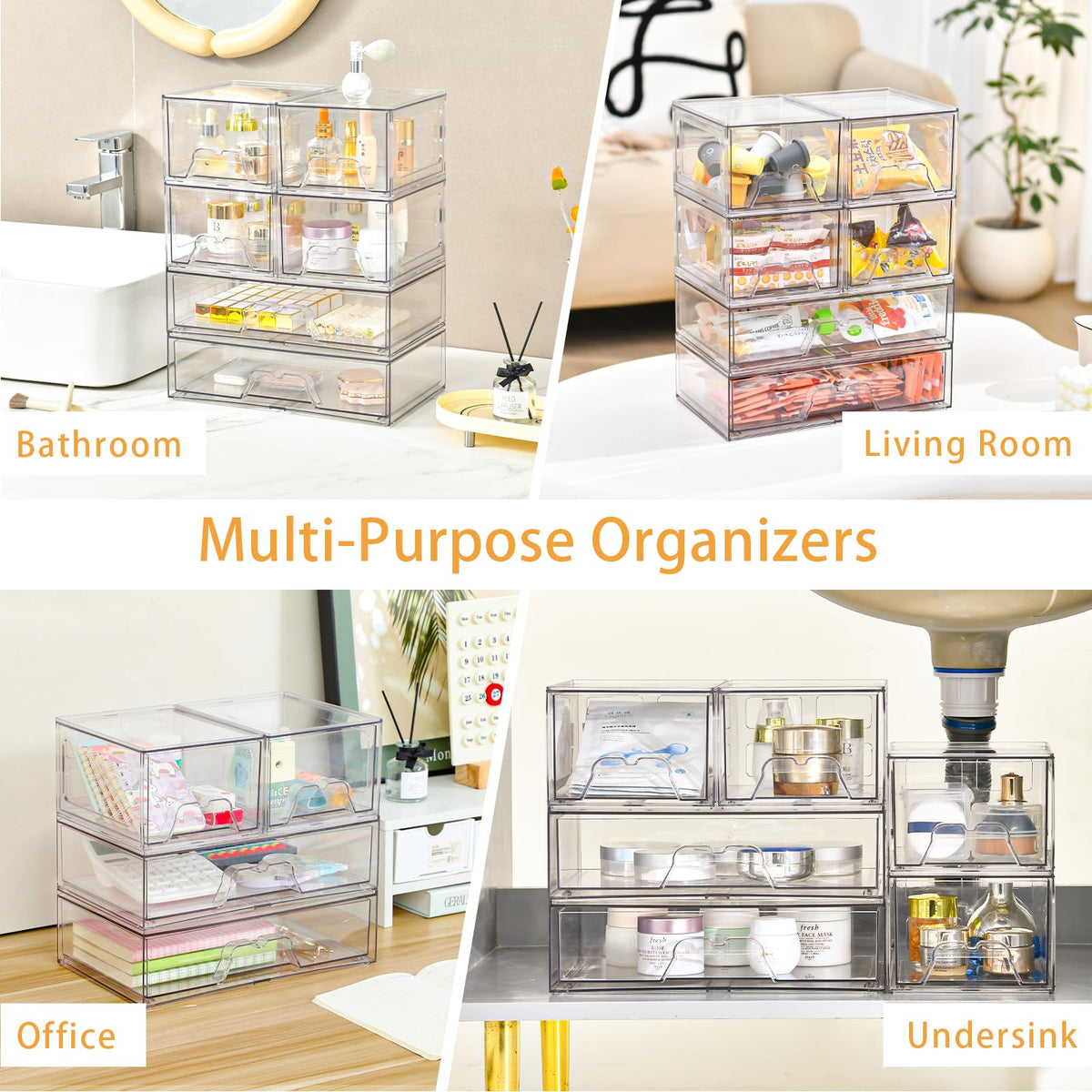 Stebopum 4 Pack Stackable Storage Drawers Clear Acrylic Organizer Bathroom Makeup Organizer and Storage for Beauty Supplies,Ideal for Vanity, Bathroom,Cabinet,Pantry Organization