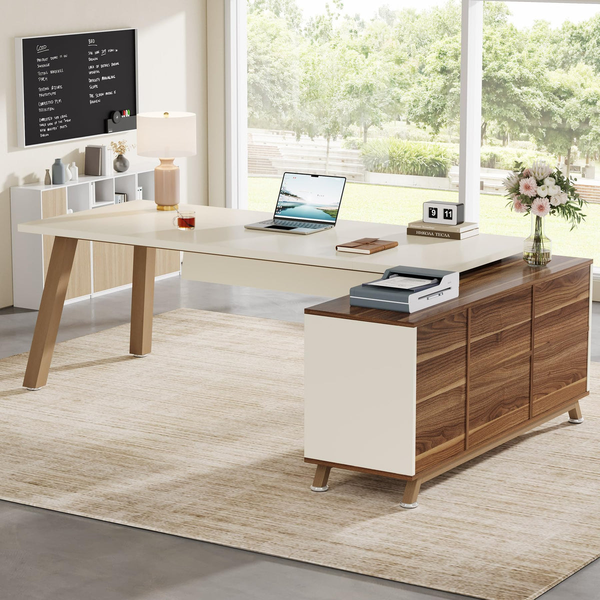 Tribesigns 78.7-Inch Executive Desk, L-Shaped Desk with 55-Inch Cabinet, Large Office Desk with Storage Shelves, Modern Computer Desk for Home Office, White & Walnut
