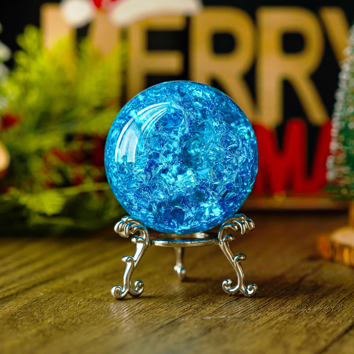 kanpura 60mm Ice Cracked Crystal Ball Paperweight Crystal Ball with Stand Glass Ball Ornament for Christmas Home Decor(Blue)