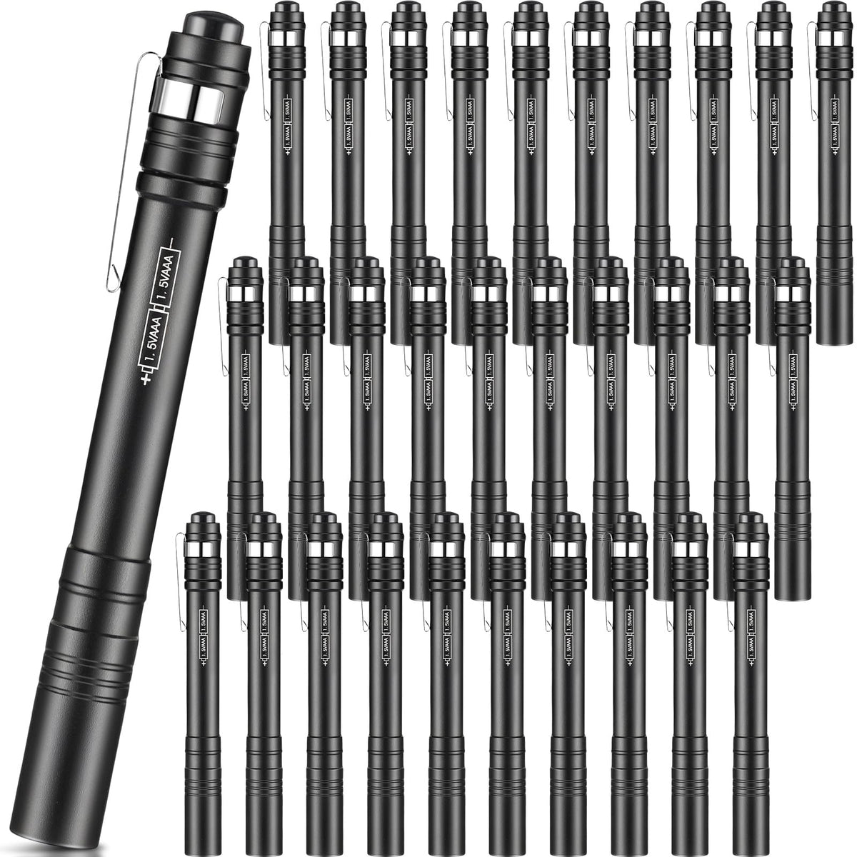 Rossesay 30 Pack Mini Pen Flashlights Bulk Gifts LED Pen Lights Aluminum Pocket Flashlights with Clips Small Handheld Torches for Men Camping Hiking Emergency Outdoor (Black)
