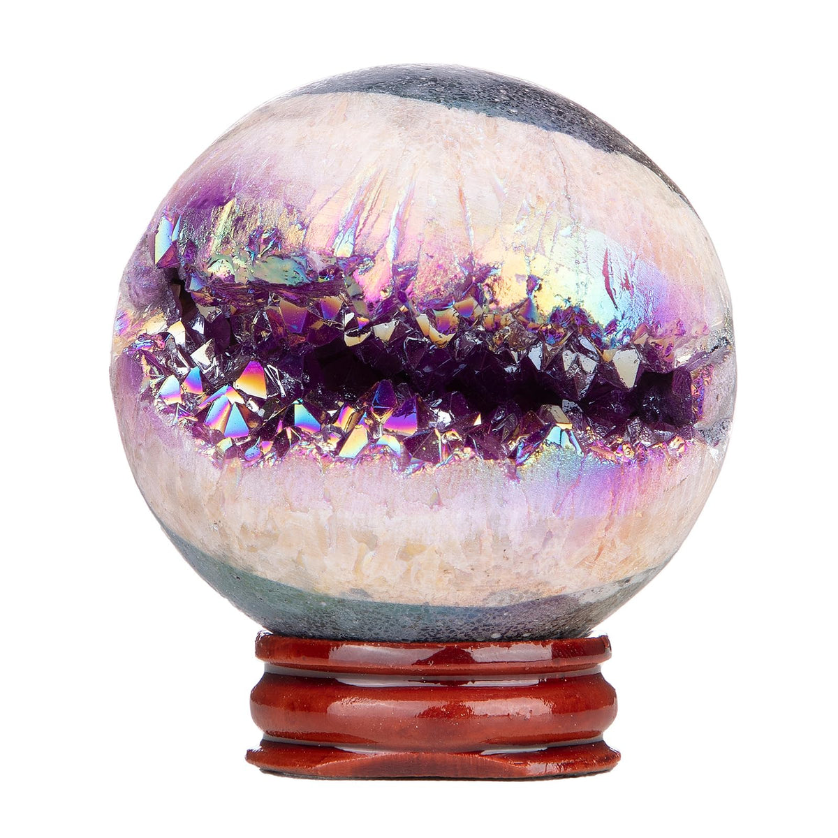 SUNYIK 51-60mm Purple Titanium Coated Quartz Geode Ball Sphere with Stand Crystal Opening Cornucopia Orb Ball Cluster Specimen Display for Decor Feng Shui Meditation