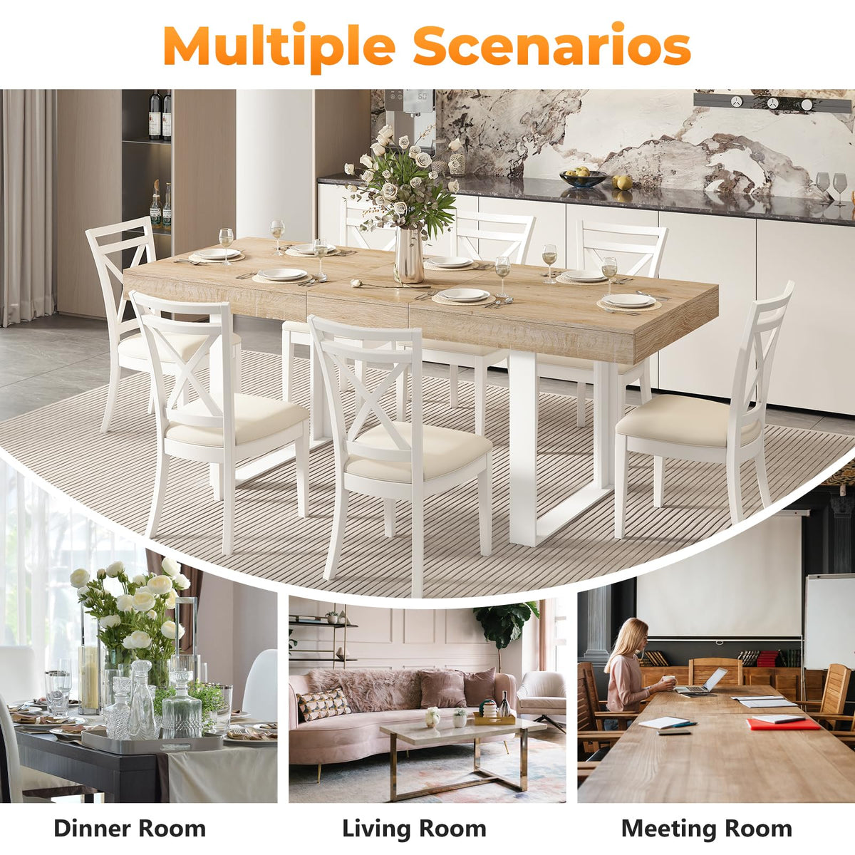Zevemomo 63"-78.7" Expandable Dining Table, 6-10 Extendable Dining Table, Rectangle Conference Table, Farmhouse Kitchen Table with Slide Track, Tapered U-Shaped Wood Legs for Office, Living Room-Oak