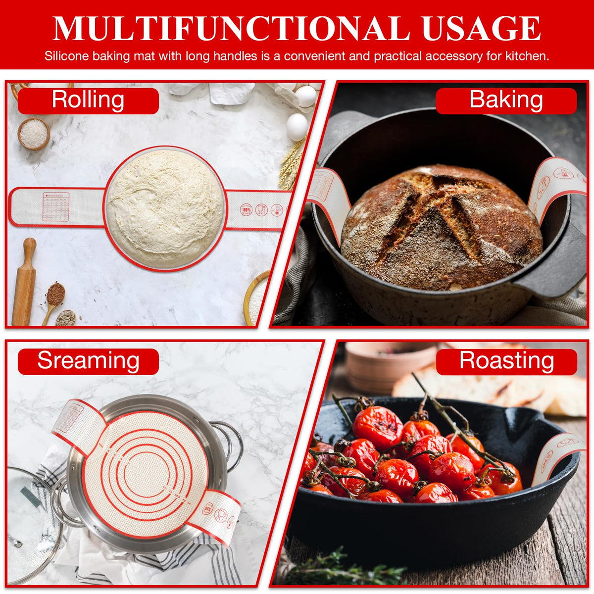 Silicone Bread Sling for Dutch Oven Baking Mat With Extra Long Handles Sourdough Bread Baking Supplies Non-Stick Silicone Mat Reusable Heat Resistant Food Grade Cooking Sheets Liners 2 PCS